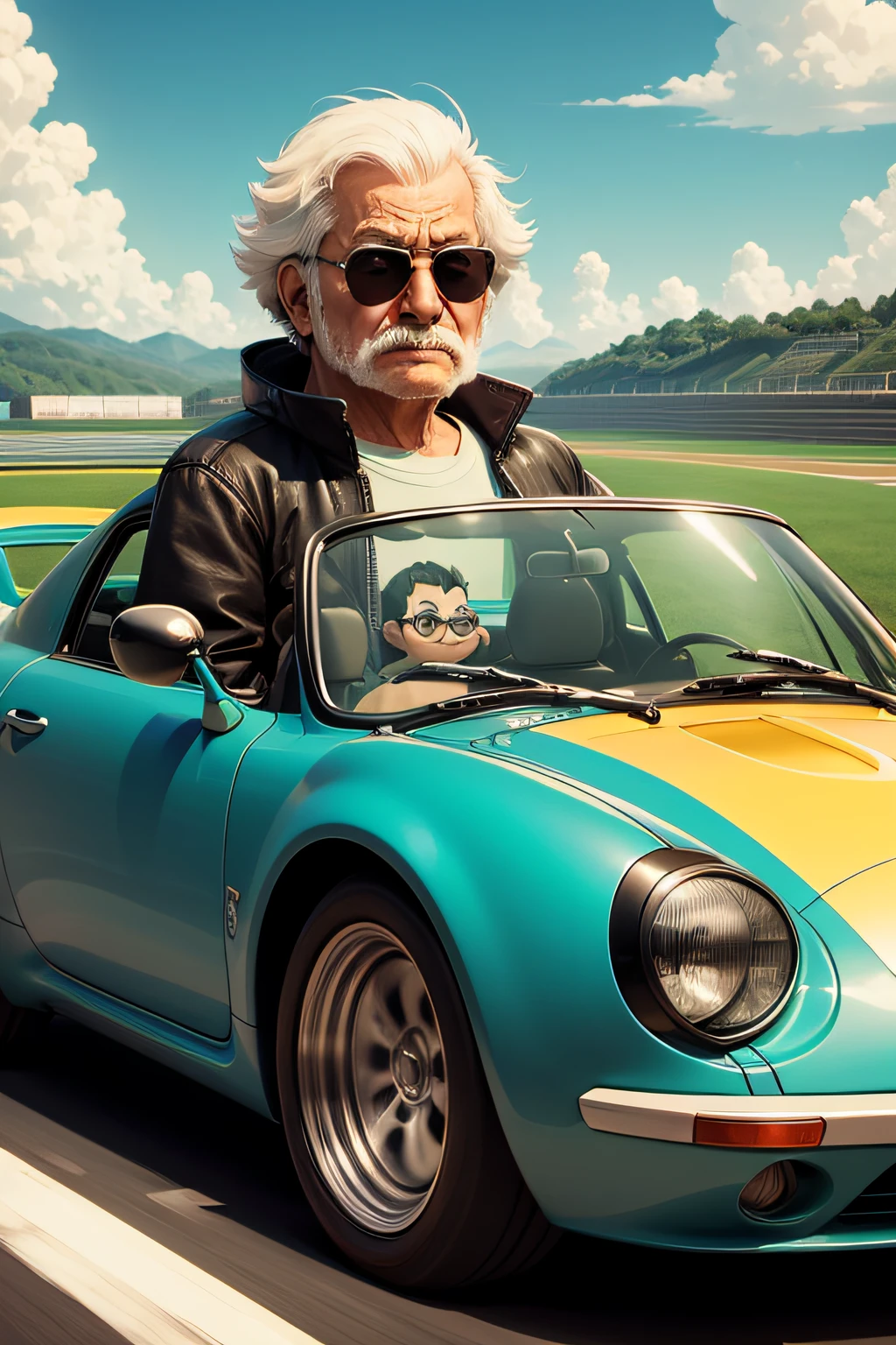Miyazaki cartoon style,One wears sunglasses,A snail driving a sports car