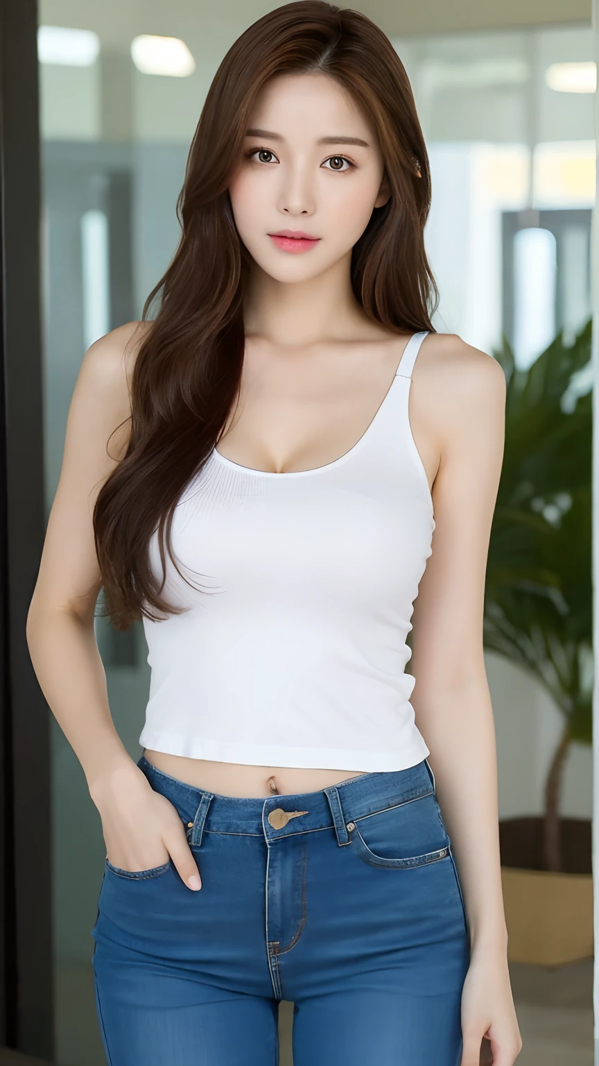 （Lifelike， hight resolution：1.3）， 1 girl with a perfect body， super fine face and eyes，Long whit hair， Tank top of random colors：1.2， Short jeans pants， large boob，Expose cleavage