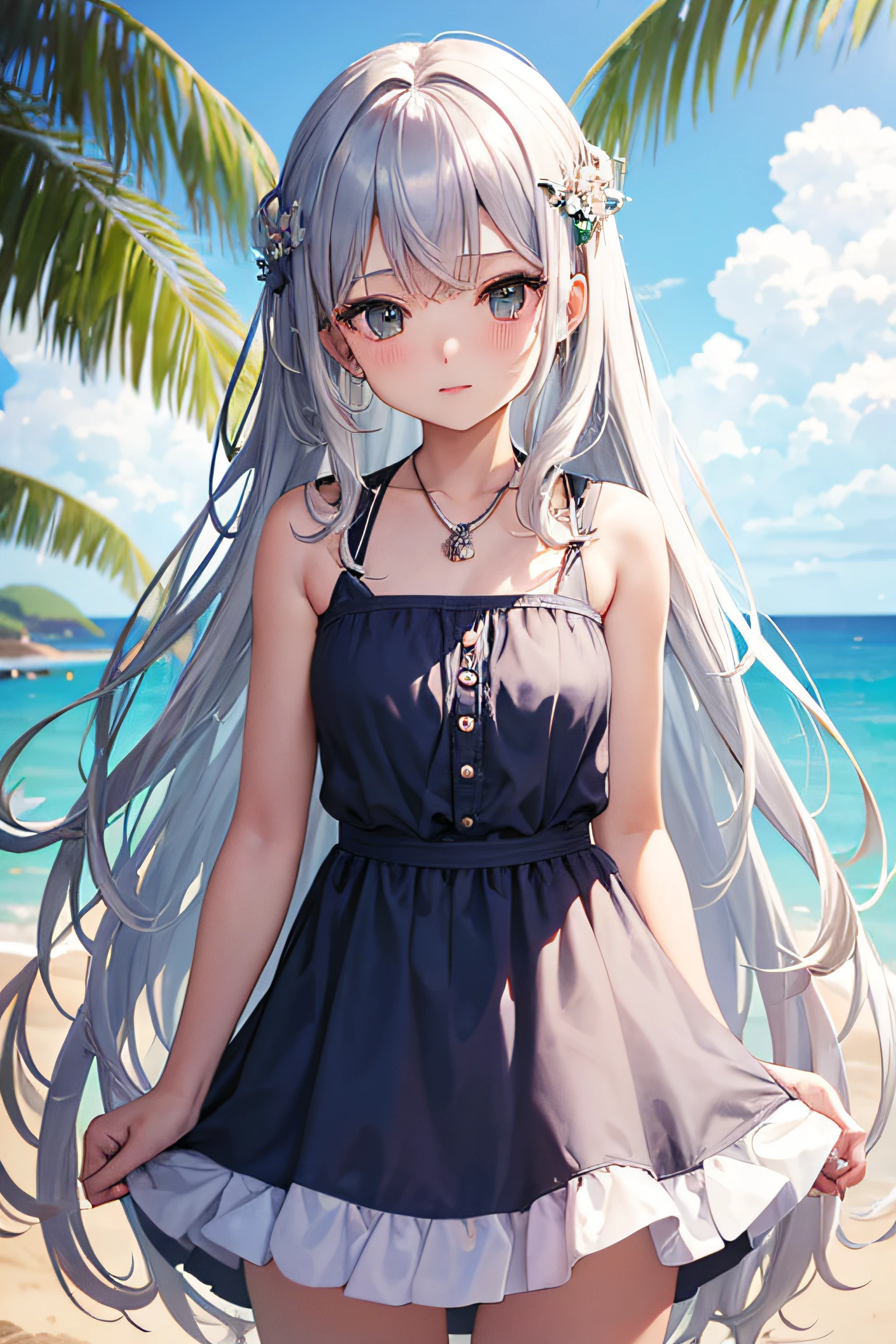 1 girl in, (masutepiece: 1.1), (Best Quality: 1.1), Summery sleeveless mini dress, (Beach: 1.1), Skirt Hirari、From below、Cowboy Shot, Silver hair, Long hair, Green eyes, Side view,