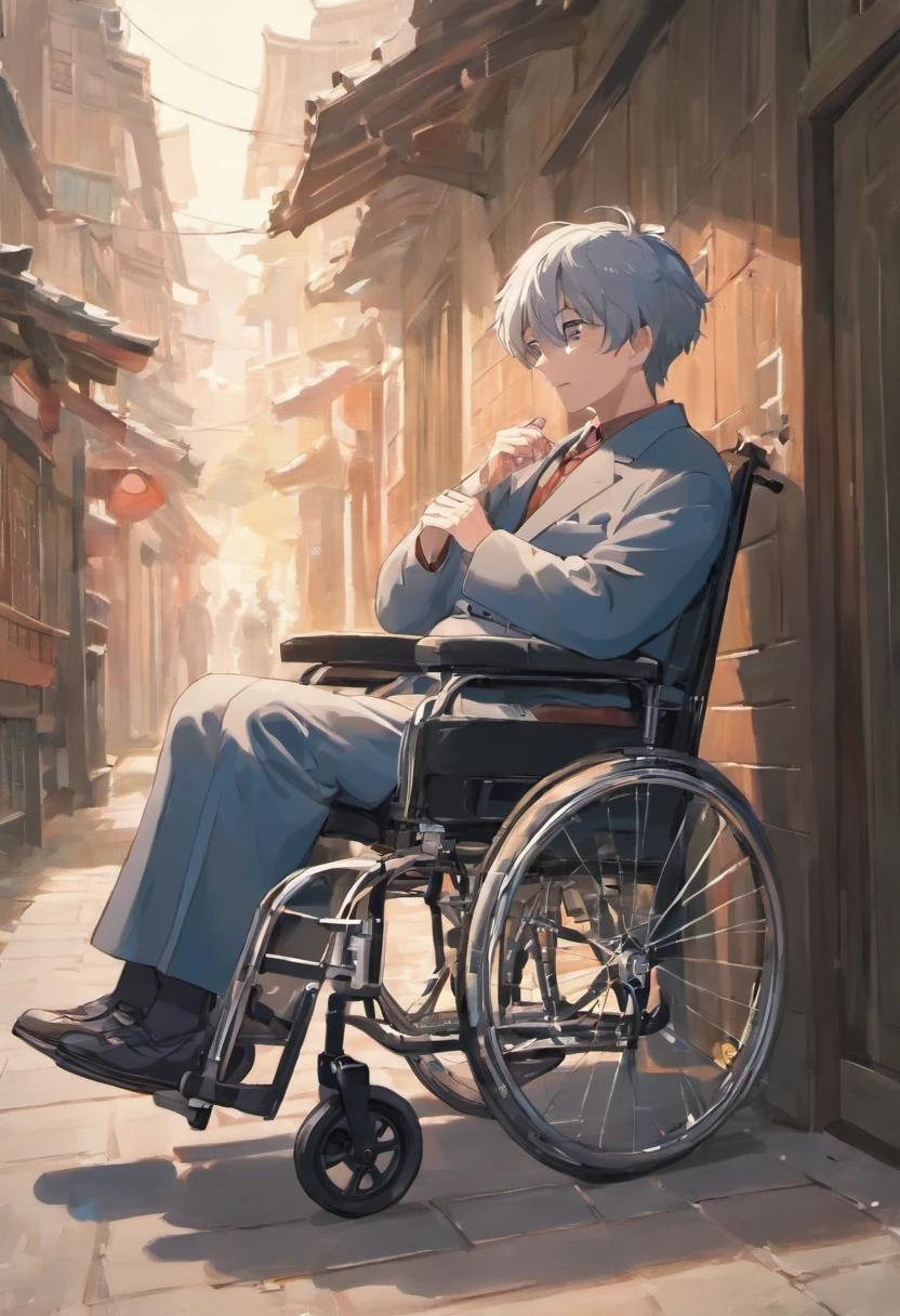 Realismo,sentido,Gris premium,An elderly man is in a wheelchair,Parque Ditan, Beijing,Estilo de pintura realista,de un real,Colores sencillos