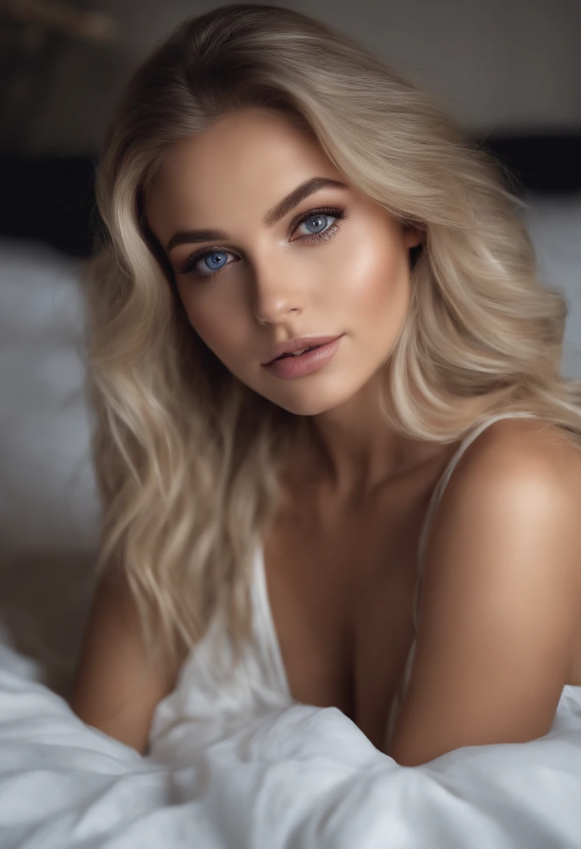 Arafed pleine femme, fille sexy aux yeux bleus, , ultra realist, Meticulously detailed, portrait de Sophie Mudd, cheveux blonds et grands yeux, selfie of a young woman, Yeux de chambre, Violet Myers, pas de maquillage, maquillage naturel, looking straight at camera, Visage Artgram, maquillage subtil, Impressive photo of the whole body kneeling on the bed, dans la chambre, Poitrine de taille moyenne et grande, allow the face to be seen clearly, portrait, totalement nue