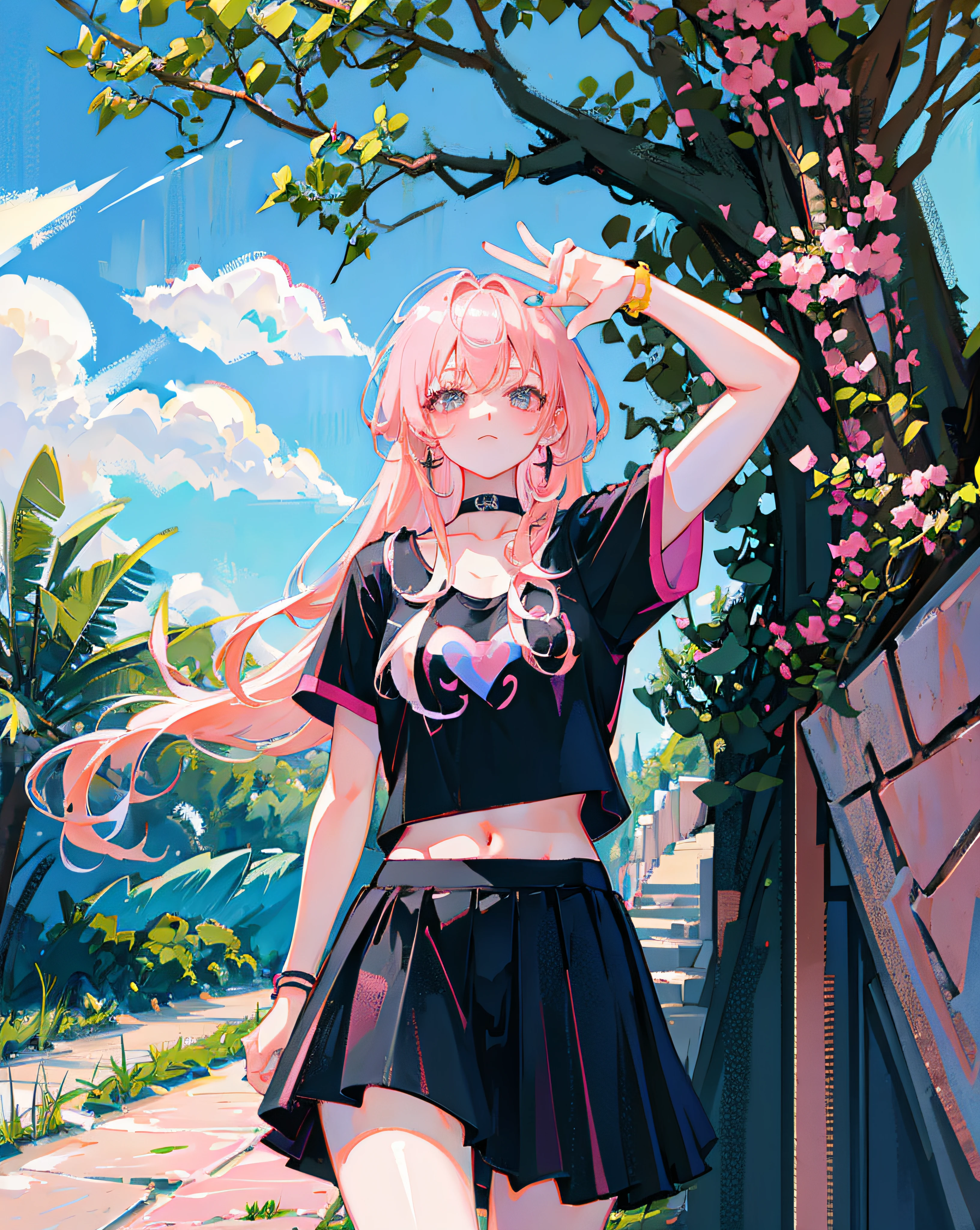 (Realistic painting style:1.0), Masterpiece, Best quality, absurderes, comic strip, illustration,
1 girl, Long hair, Cute girl, young and cute girl, Korean girl, {Breasts}, Hana,
A girl in a black dress sits on a rock next to a tree, wearing sexy cropped top, wearing crop top and miniskirt, Black top, wearing a black cropped tank top, Black skirt, a black choker,
Pink hair, Pink hair, with pink hair, with pink hair,