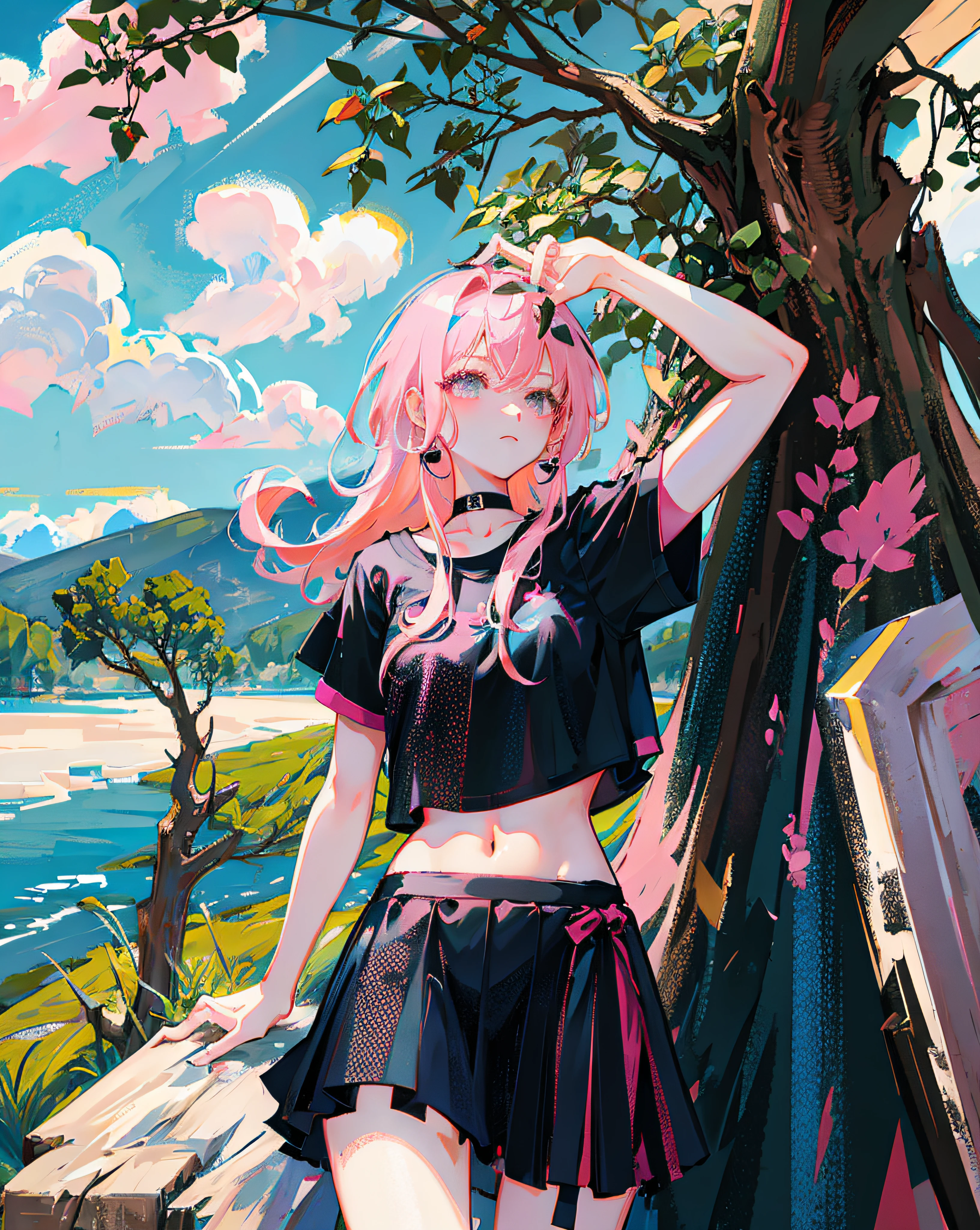 (Realistic painting style:1.0), Masterpiece, Best quality, absurderes, comic strip, illustration,
1 girl, Long hair, Cute girl, young and cute girl, Korean girl, {Breasts}, Hana,
A girl in a black dress sits on a rock next to a tree, wearing sexy cropped top, wearing crop top and miniskirt, Black top, wearing a black cropped tank top, Black skirt, a black choker,
Pink hair, Pink hair, with pink hair, with pink hair,