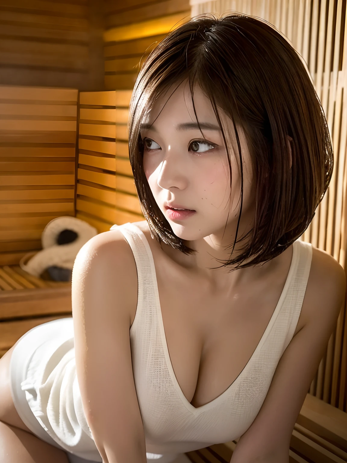 ((Best Quality, 8k, Masterpiece: 1.3)), Women (Full Body Portrait, Front, Naked Towel, Lewover, Cleavage, inside_sauna: 1.6), Inside the Sauna Room, Overhead Camera, Sharp Focus: 1.2, Cute Women: 1.4, ((Brown Hair, Bob Cut)), Highly Detailed Face and Skin and Hair Texture, Wet Body, Wet Face, Wet Hair, Detailed Eyes, Double Eyelids, White SkinBeautiful delicate nose, cute young Japan woman, 20 years old, at a dynamic angle, is pleasing to the eye and suggestive composition, while emphasizing the subject's hair, eyes, mouth and action, while exuding melancholy emotions characterized by a contrasting mix of light and shadow.