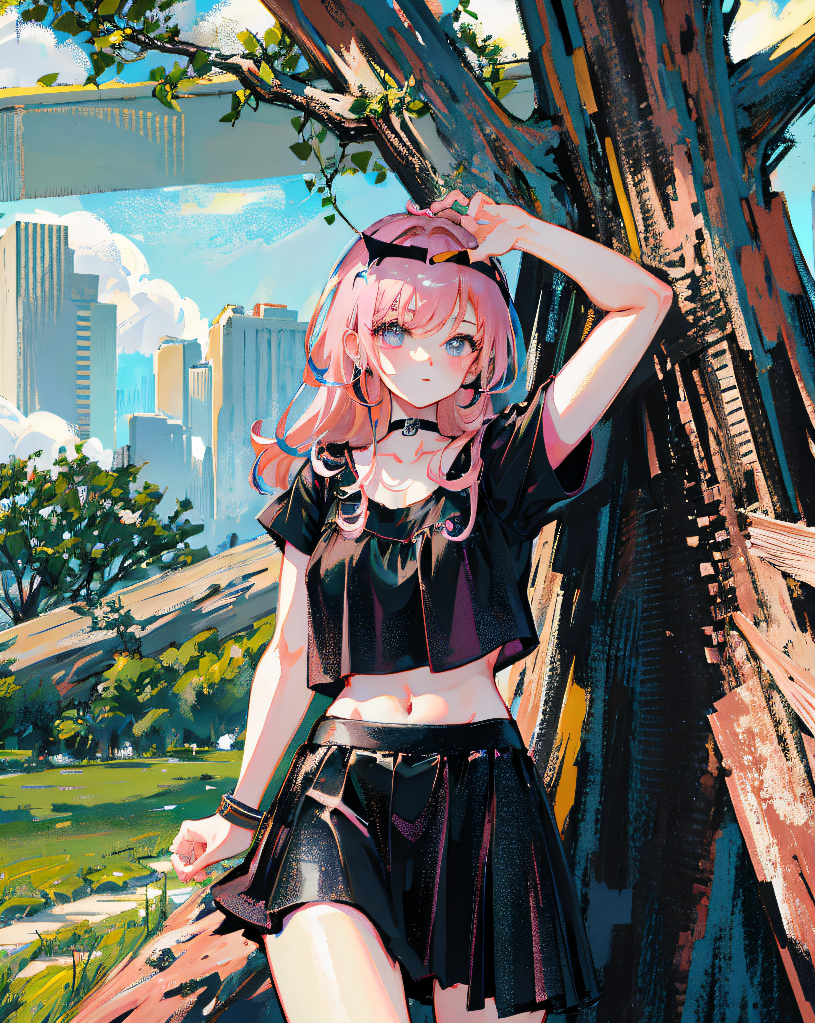 (Realistic painting style:1.0), Masterpiece, Best quality, absurderes, comic strip, illustration,
1 girl, Long hair, Cute girl, young and cute girl, Korean girl, {Breasts}, Hana, 
A girl in a black dress sits on a rock next to a tree, wearing sexy cropped top, wearing crop top and miniskirt, Black top, wearing a black cropped tank top, Black skirt, a black choker, 
Pink hair, Pink hair, with pink hair, with pink hair,