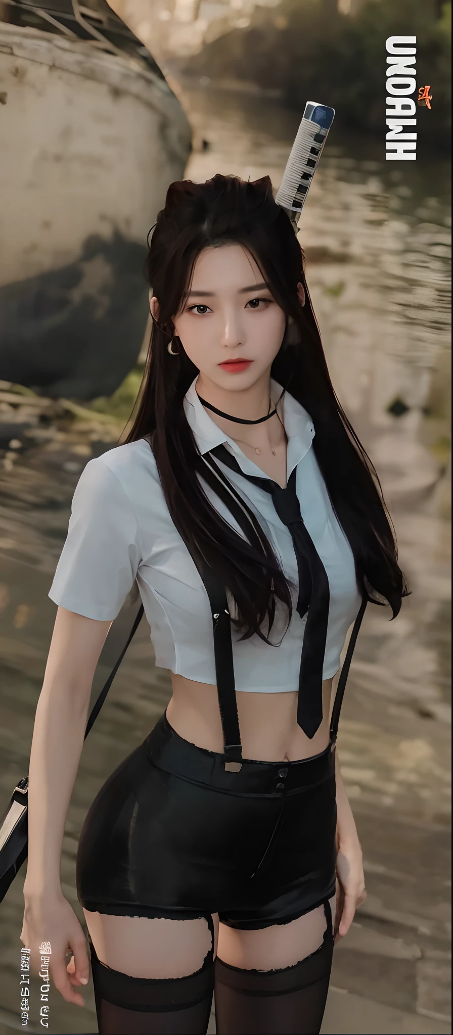 ((Best quality, 8k, Masterpiece :1.3)), Whole body, Sharp focus :1.2, A pretty woman with perfect figure :1.4, Slender abs :1.2, ((Dark brown hair, Big breasts :1.2)), body dress :1.1, (Night city view, Modern balcony :1.1), Highly detailed face and skin texture, Detailed eyes, Double eyelid, Small Bust, OL Uniform, Office Wear, white T-shirt, exposed cleavage, (Black Pantyhose), (), Interior Scene, Office