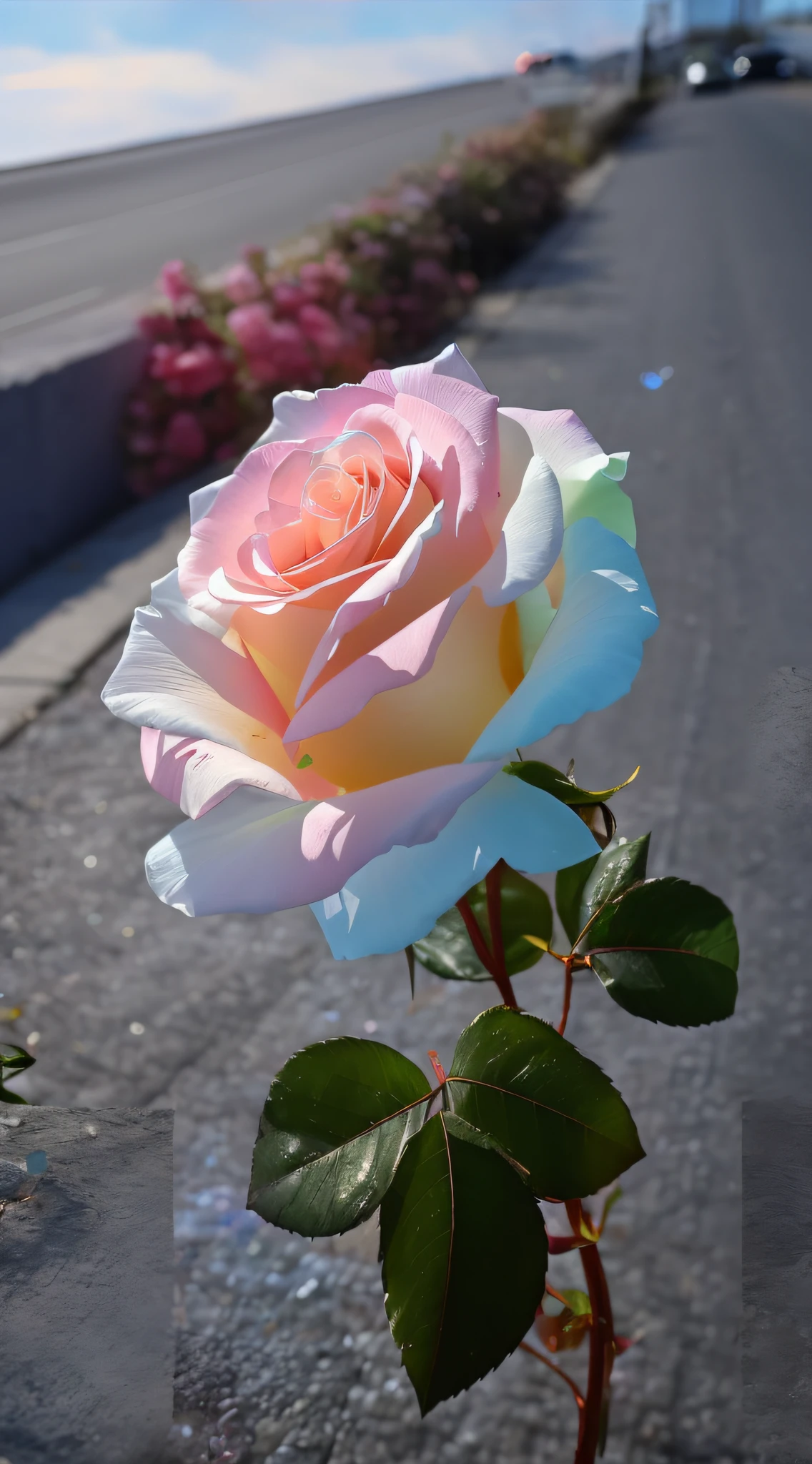 There is a pink rose on the side of the road, rainbow gradient bloom, beautiful flowers, photo of a rose, beautiful colorful, pastel roses, melanchonic rose soft light, colorful hd picure, magical colorful flowers, beautiful colorful, with beautiful colors, Beautiful image, translucent roses ornate, In pastel colors, pastel rainbow, rosses