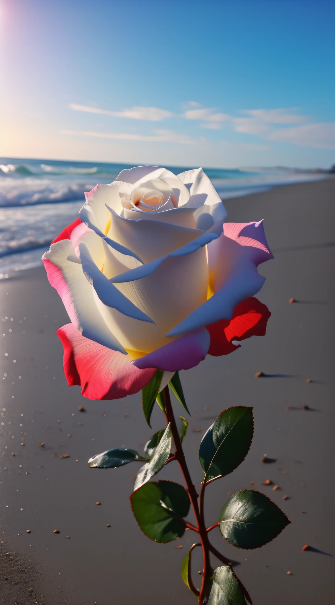 There is a white rose on the beach，The stem is red, melanchonic rose soft light, Vivid and beautiful colors, photo of a rose, with beautiful colors, colorful hd picure, amazing color photograph, rosses, beautiful  flowers, breathtaking colors, realistic colorful photography, Color HD photography, very beautiful photograph of, rainbow gradient bloom, highly realistic photograph, staggering in its beauty