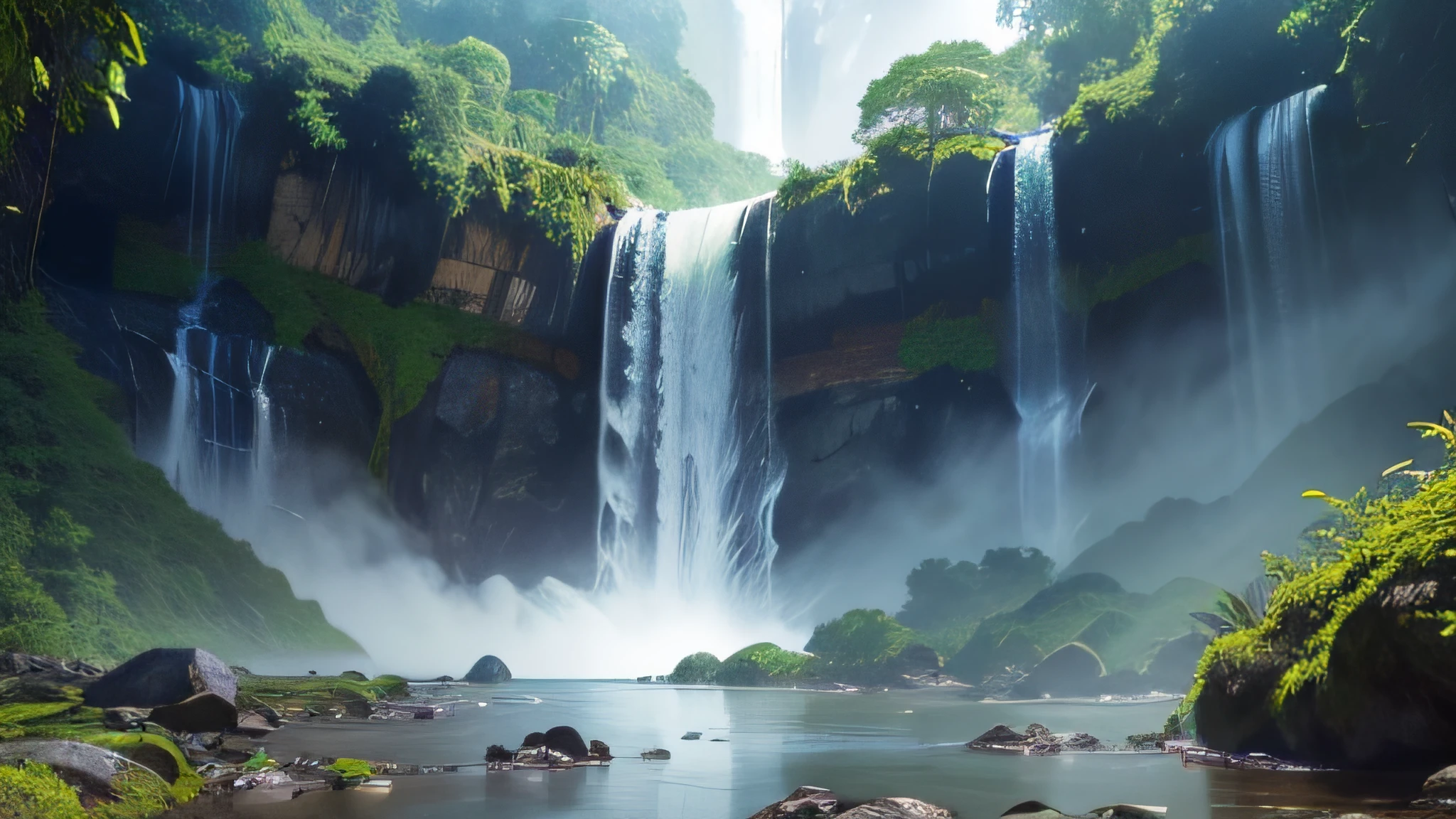 National Geographic landscape photo, panoramic shot over a tropical rain forest with a massive waterfall plunging into a deep basin, god rays, vibrant colors, rainbow, landscape, SDXL - talmendoxlSDXL_v11Beta
