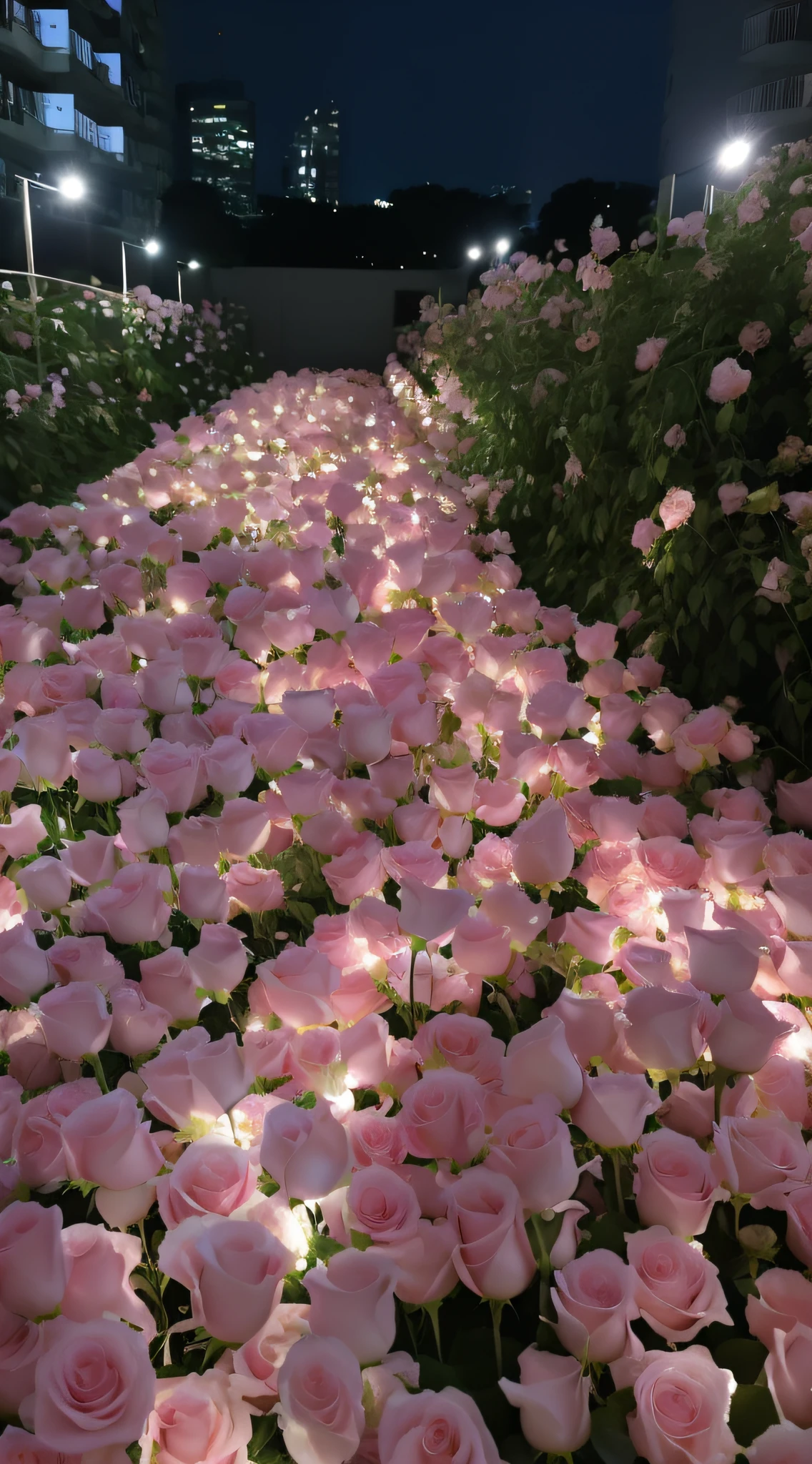 There are many pink roses in the middle of the field, field of flowers at night, rose pink lighting, Glowing flowers, lights with bloom, an aesthetic field of flowers, Flower beds on the floor, soft light 4 k in pink, roses in cinematic light, soft bloom lighting, beautiful aesthetic, beautiful light up, Luminous flowers, blossoming path to heaven
