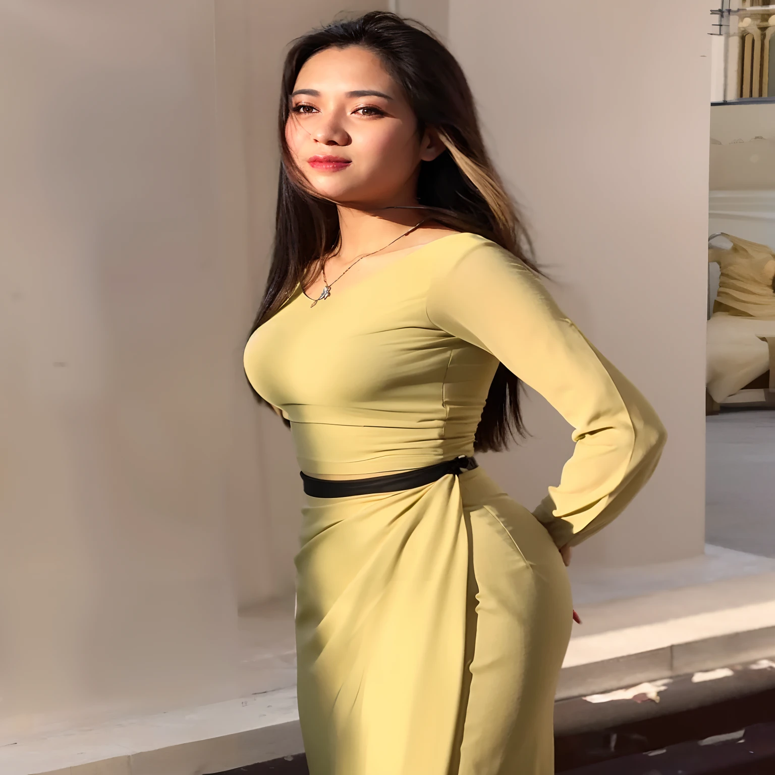 araffe woman in a yellow dress posing for a picture, with a thin waist, wearing an elegant dress, nivanh chanthara, dressed with long fluent clothes, tight dress, beautiful south korean woman, skinny waist and thick hips, wearing an elegant outfit, a young asian woman, korean woman, waist high, an asian woman, big breasts, large hip