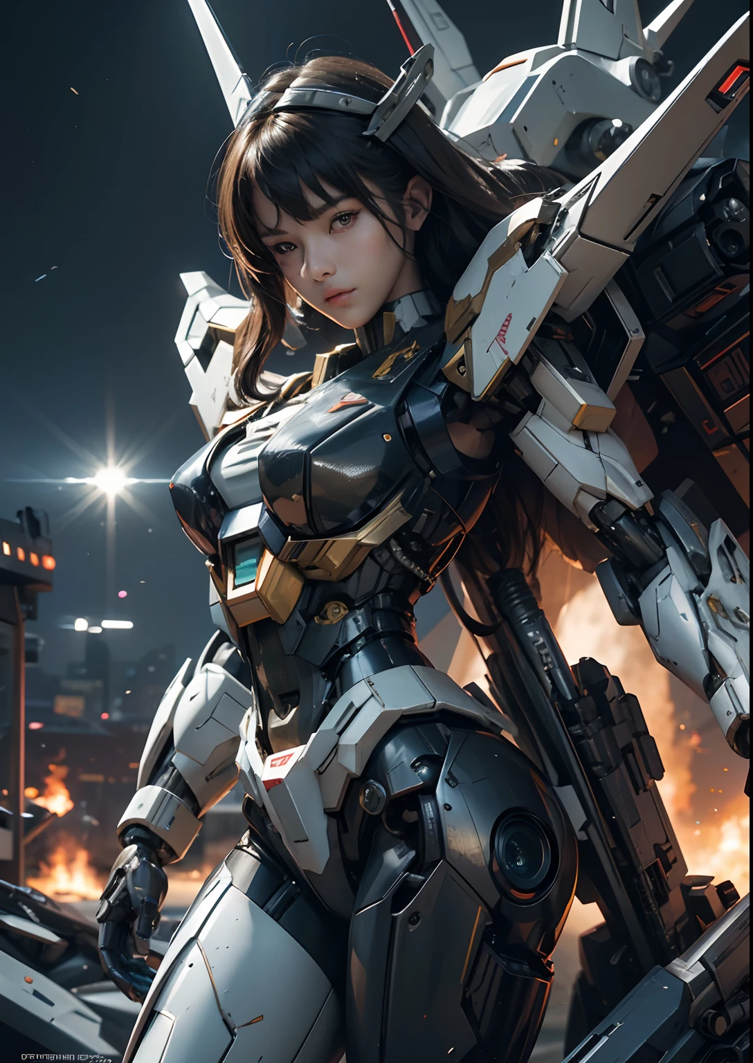 Textured skin, Super Detail, high details, High quality, Best Quality, hight resolution, 1080p, hard disk, Beautiful,(Gundam),beautiful cyborg woman,Mecha Cyborg Girl,Battle Mode,Girl with a Mecha Body,She wears a futuristic Gundam mecha,Fulll body Shot