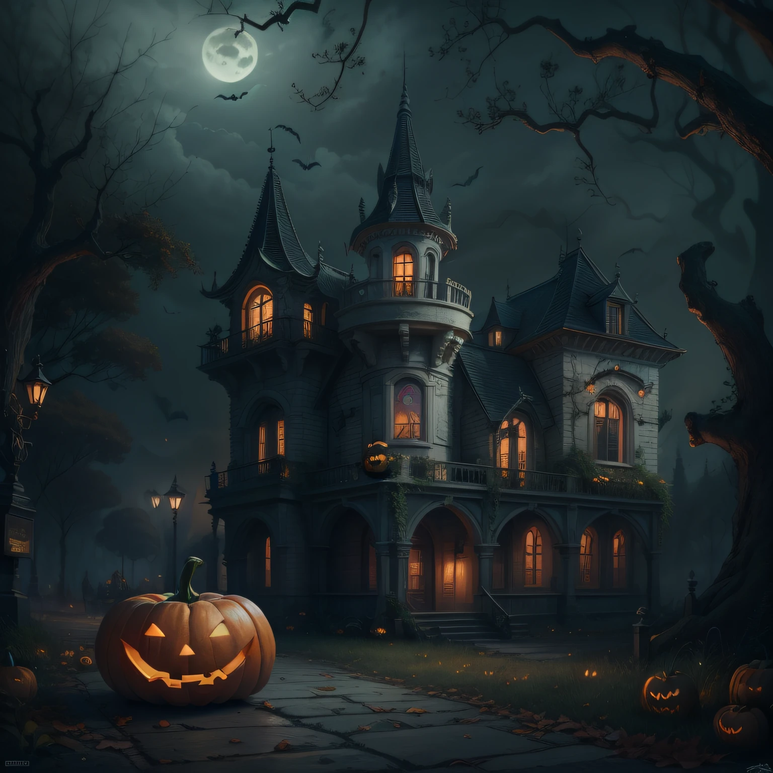 Estilo realista, fotografia, Cartaz de Halloween，Writing space, pulicidade, Os morcegos，Castelos，Enterro，Galhos murchos, 8k