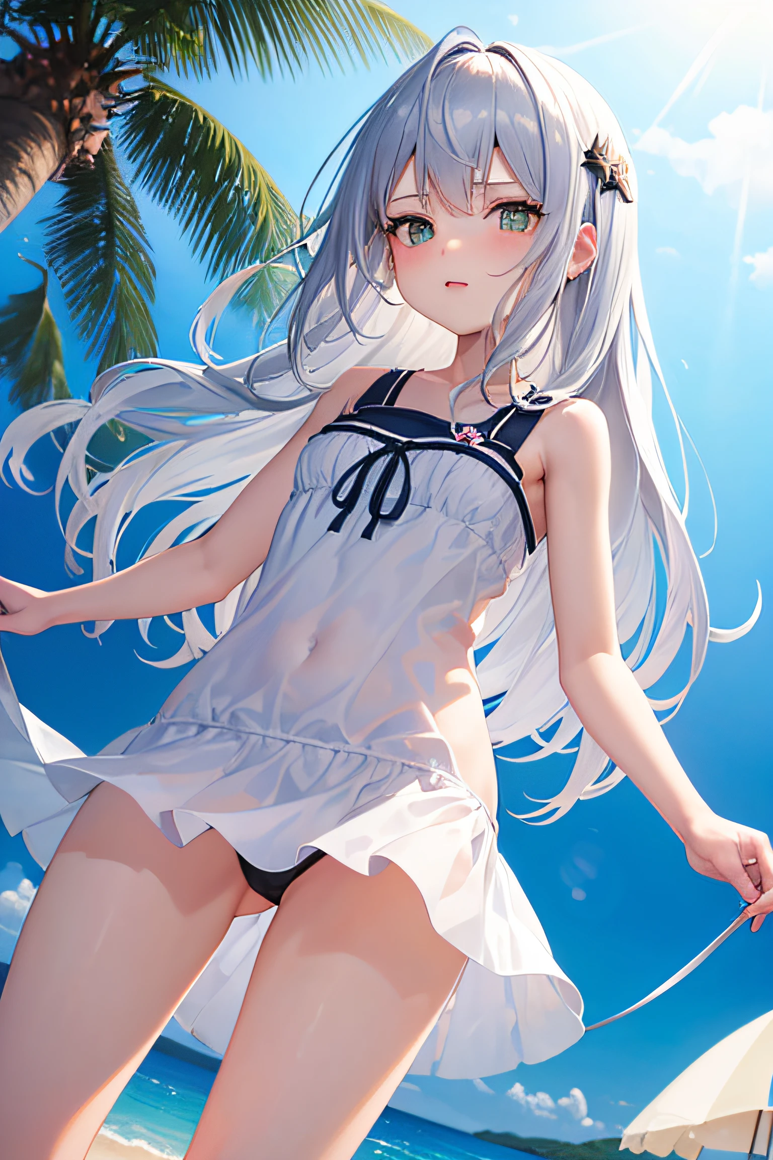 1 girl in, (masutepiece: 1.1), (Best Quality: 1.1), Summery sleeveless mini dress, (Beach: 1.1), panties on、From below、Cowboy Shot, Silver hair, Long hair, Green eyes, Side view,