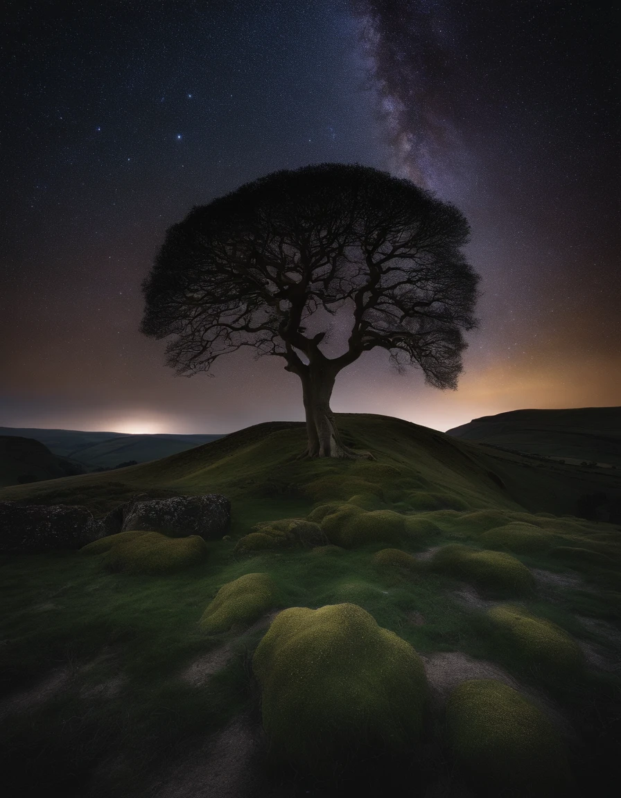sycamore gap in the valley, night background with stars