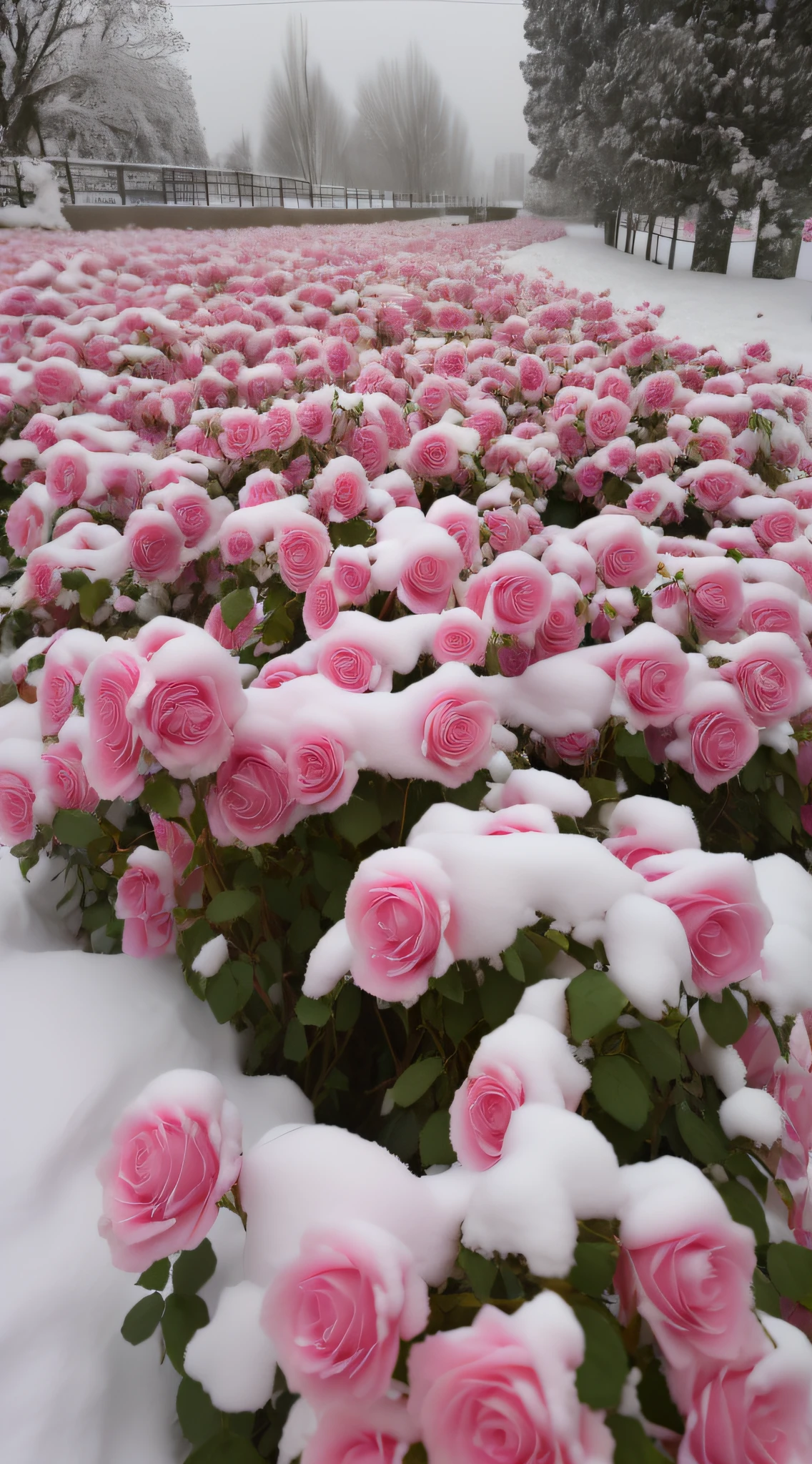 There are many pink roses covered in snow in the field, with frozen flowers around her, rosette, Rose garden, Really beautiful nature, Beautiful flowers, Beautiful nature, very beautiful photograph of, beautiful flowers growing, Cold but beautiful, Unbelievably beautiful, rosses, big breasts beautiful, !!Natural beauty!!, snow snow, flowers rain everywhere, Marshmallow bushes, during snowfall