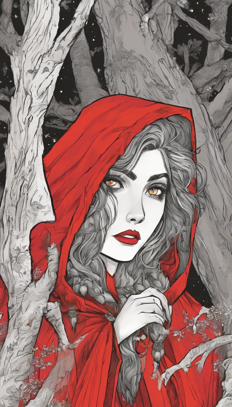 a werewolf hiding behind a tree looking at Veronica Cypher dressed as Little Red Riding Hood, ao fundo uma floresta colorida,