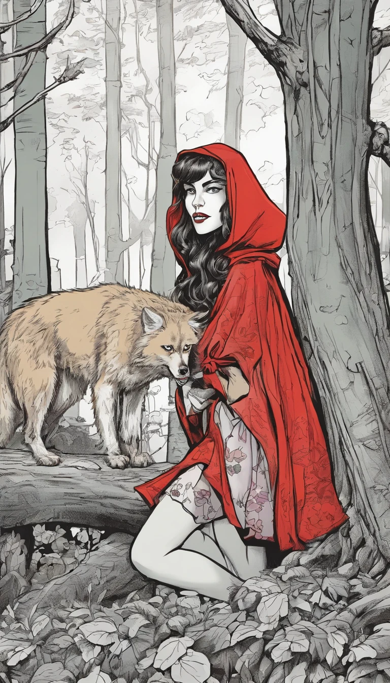 a werewolf hiding behind a tree looking at Veronica Cypher dressed as Little Red Riding Hood, ao fundo uma floresta colorida,