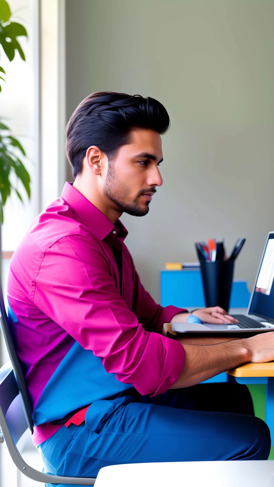 there is a man sitting at a desk with a laptop computer, profile pose, sitting in office, sitting in the classroom, serious focussed look, sitting at a desk, sitting at desk, standing in class, sitting on a desk, relaxed posture, sitting pose, in a classroom, in office, thinking pose, at college, candid picture, sitting at his desk