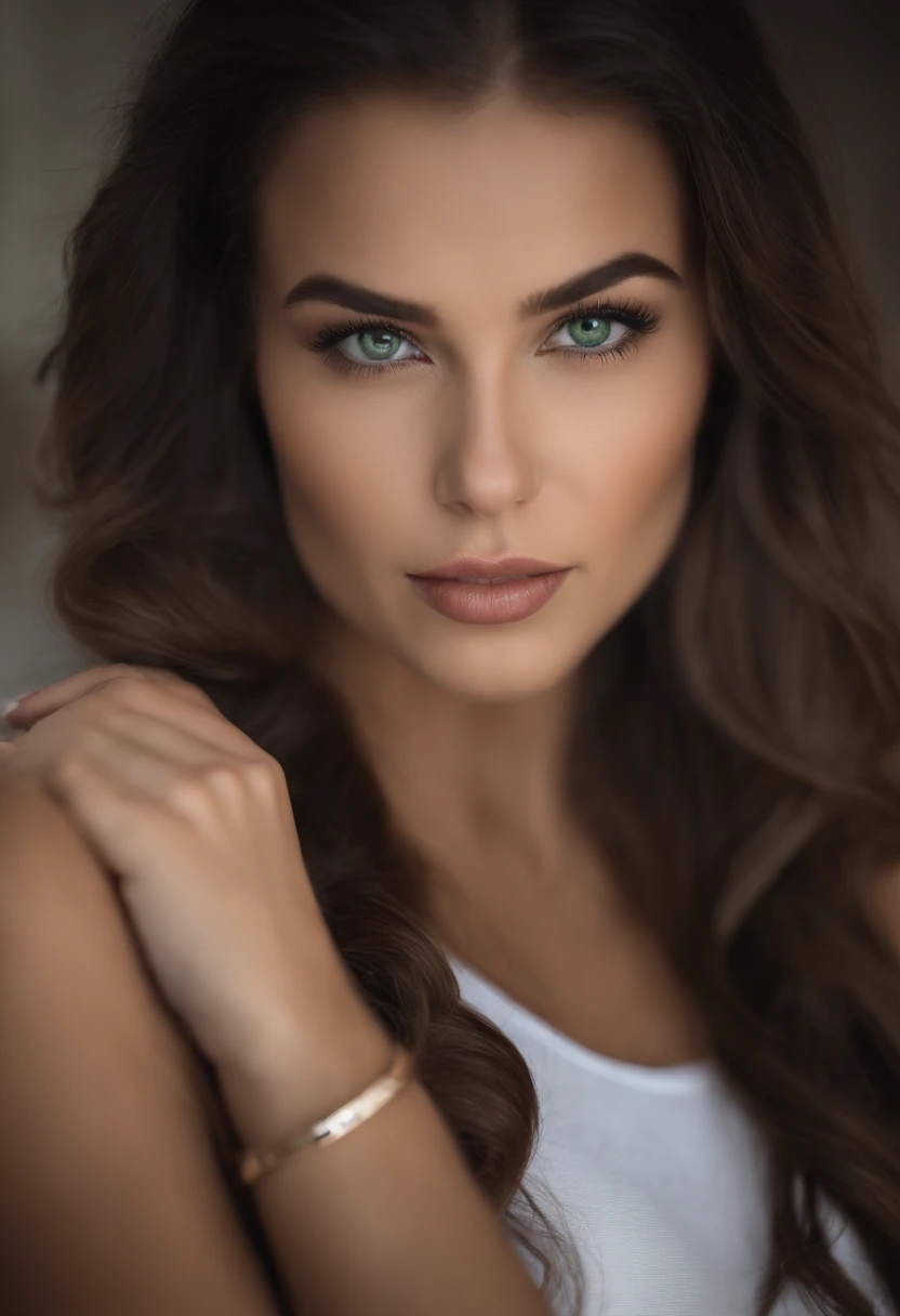 Arafed woman with a white tank top and necklace, , hispanic, fille sexy aux yeux verts, Portrait Sophie Mudd, cheveux bruns et grands yeux, selfie of a young woman, Yeux de chambre, Violet Myers, sans maquillage, maquillage naturel, looking straight at camera, Visage avec Artgram, Maquillage subtil, Superbe photo du corps entier, piercing green eyes, Bel angle, pose attrayante, fille mignonne, sexy pose, Image du corps entier, corps entier, Prise de vue du corps entier, brunette goddess, High detail, pose satisfaite, Porter une jupe grise et des bottes, jupe, Bottes