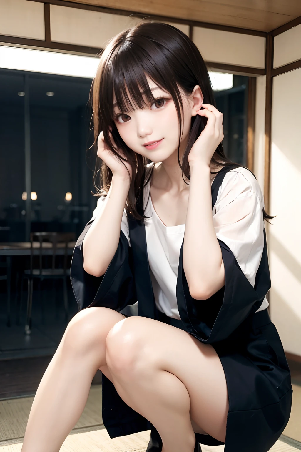 Dark hair,white  shirt,japanes,A slight smil,Smaller chest,eye glasses, only,Short Bob,Red High Heels,Tying hair,A slender,kind personality