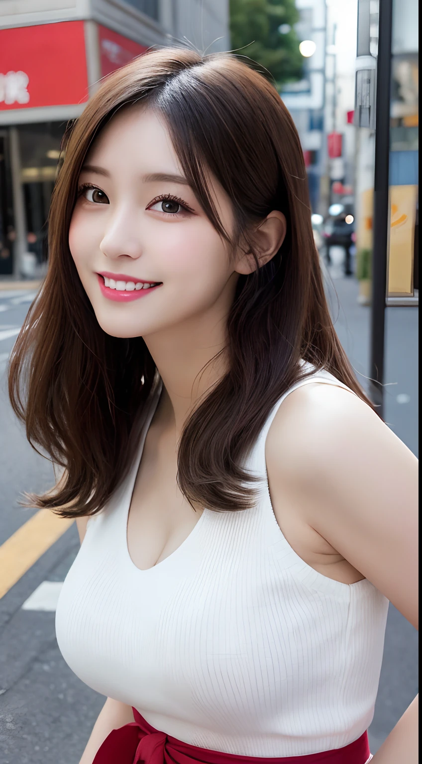 masutepiece, Best Quality, Illustration, Ultra-detailed, finely detail, hight resolution, 8K Wallpaper, Perfect dynamic composition, Beautiful detailed eyes, doress,Medium Hair, Big breasts, Natural Color Lip, Random and sexy poses,Smile,Aoyama Street Walk、20 years girl
