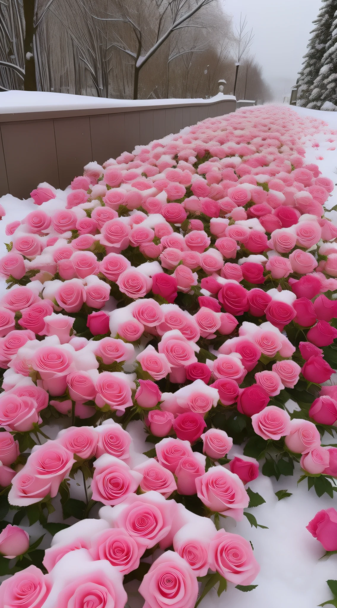 There are a lot of pink roses in the snow, beautiful aesthetic, rosette, beautiful flowers growing, Rose garden, Unbelievably beautiful, Beautiful and aesthetic, Flowers everywhere, Lots of flowers, field of pink flowers, laying on roses, an aesthetic field of flowers, Many cherry blossom origami roses, a few roses, Flower beds on the floor, Beautiful large flowers, shades of pink