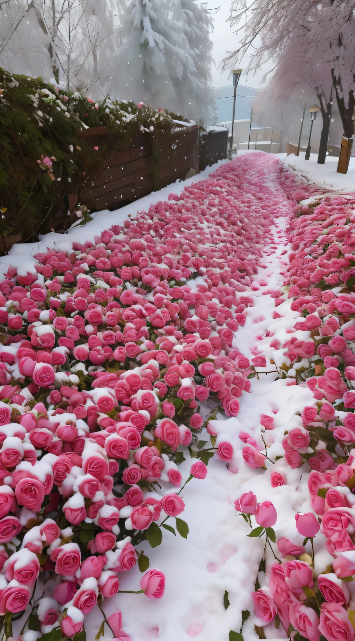 Alafid view of the path with pink roses in the snow, Everywhere petals are falling, Really beautiful nature, with frozen flowers around her, flowers rain everywhere, Unbelievably beautiful, Beautiful nature, beautiful aesthetic, beautiful art, blossoming path to heaven, Flowers everywhere, field of pink flowers, covered with flowers, with petals falling, there's flowers everywhere, flowers sea everywhere