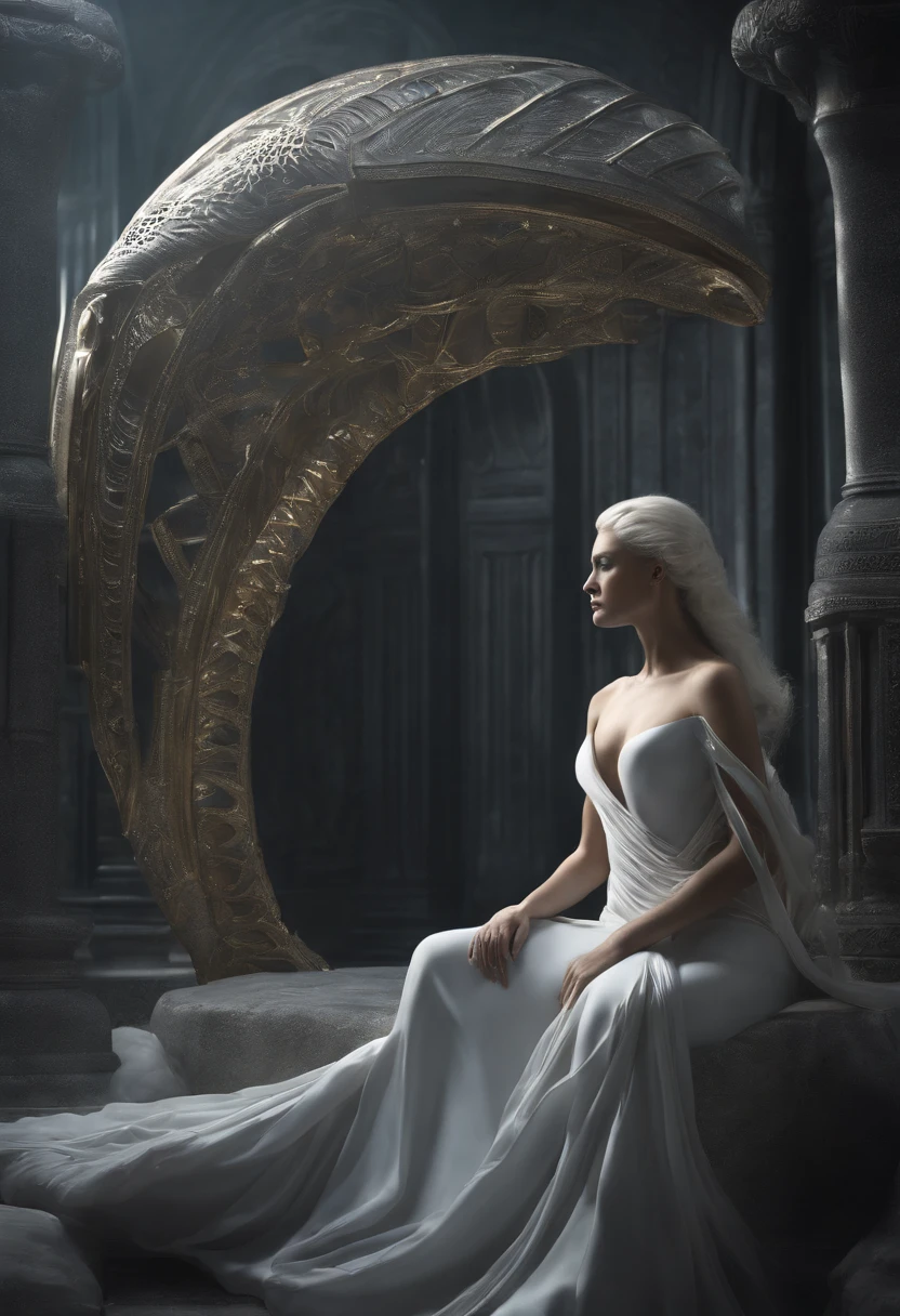 Crie uma obra de arte em 3D de uma mulher celestial usando um vestido branco com (((detalhes intrincados de pedras de safira))). A obra deve incorporar a (((best possible quality))), with an emphasis on (((detalhes extremos))) e uma (((Complex composition))). Utilize uma paleta de cores que reflita uma aura celestial, com tons suaves de azul, Ethereal white and subtle touches of gold. Make sure the composition exudes a sense of otherworldly beauty and tranquility. Inspire-se em artistas como (((H.R. Giger))), (((ZBrushCentral))) e (((Vitaly Bulgarov)))