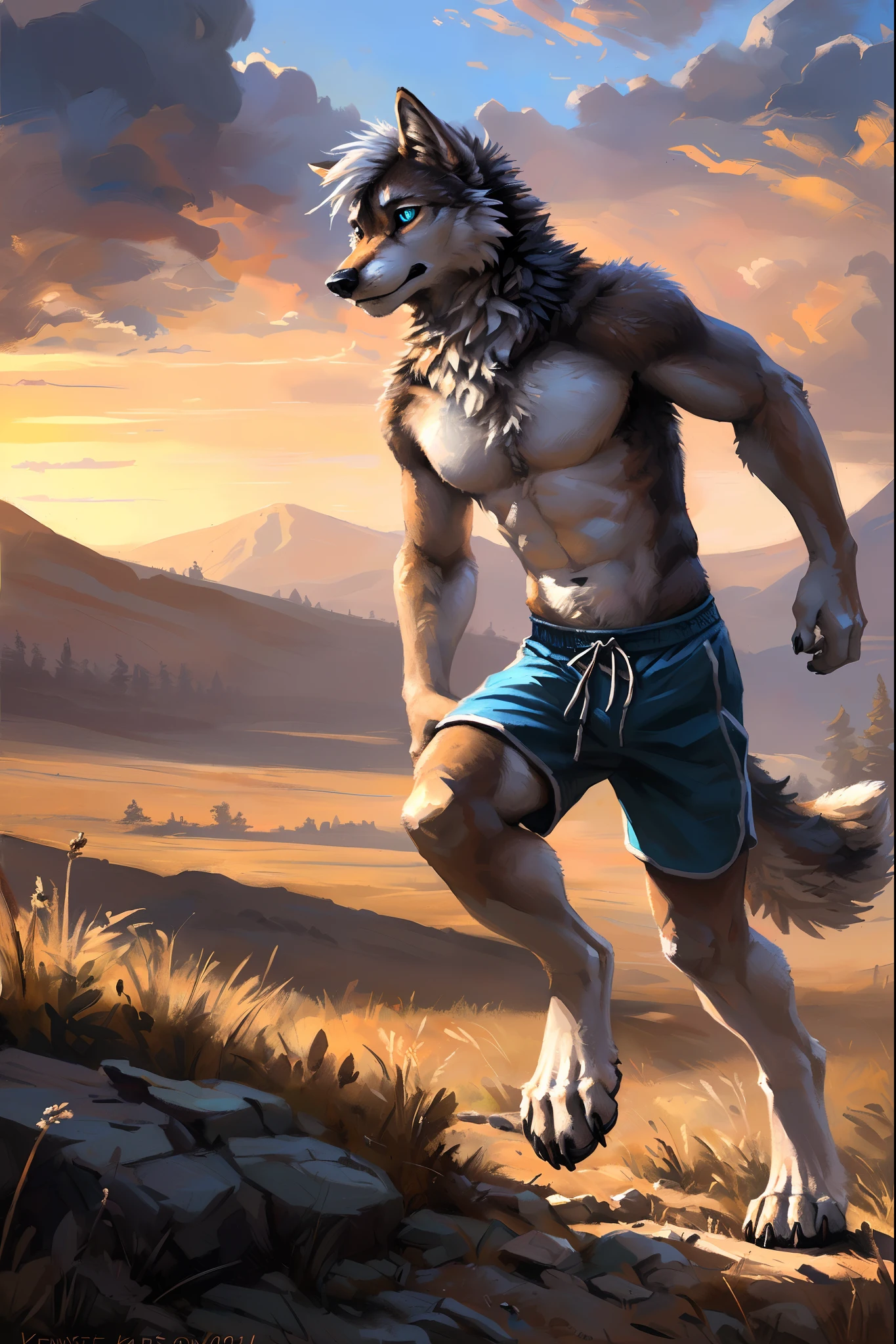 ((Solo)), male people, anthro wolf, (Multi-colored fur, White-brown:1.3，White tail pointed), ((Wolf face, White hair, Big eyes, White eyelids, Blue pupil, Slim:1.2) (Tough, Calm expression:1.2)), Abs, Slim, pinging)), (Correct anatomy), (Work shorts:1.1), The upper body is naked, (detailed outfits),A big tail，Feet，(Realistic fur, Detailed fur texture, labeled:1.3)), (Natural lighting), Photorealistic, Hyperrealistic, ultradetailed, by Kenket，Endless grasslands，There are no trees，There are no big stones，No artificiality，erect through，Running on