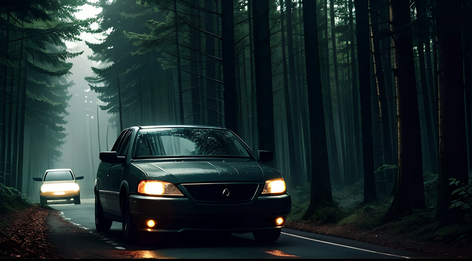 Image prompt:
A lone car drives through a dark and dense forest. The trees are tall and twisted, and the branches reach out like claws. The car's headlights cut through the darkness, but they can't seem to illuminate the forest floor.