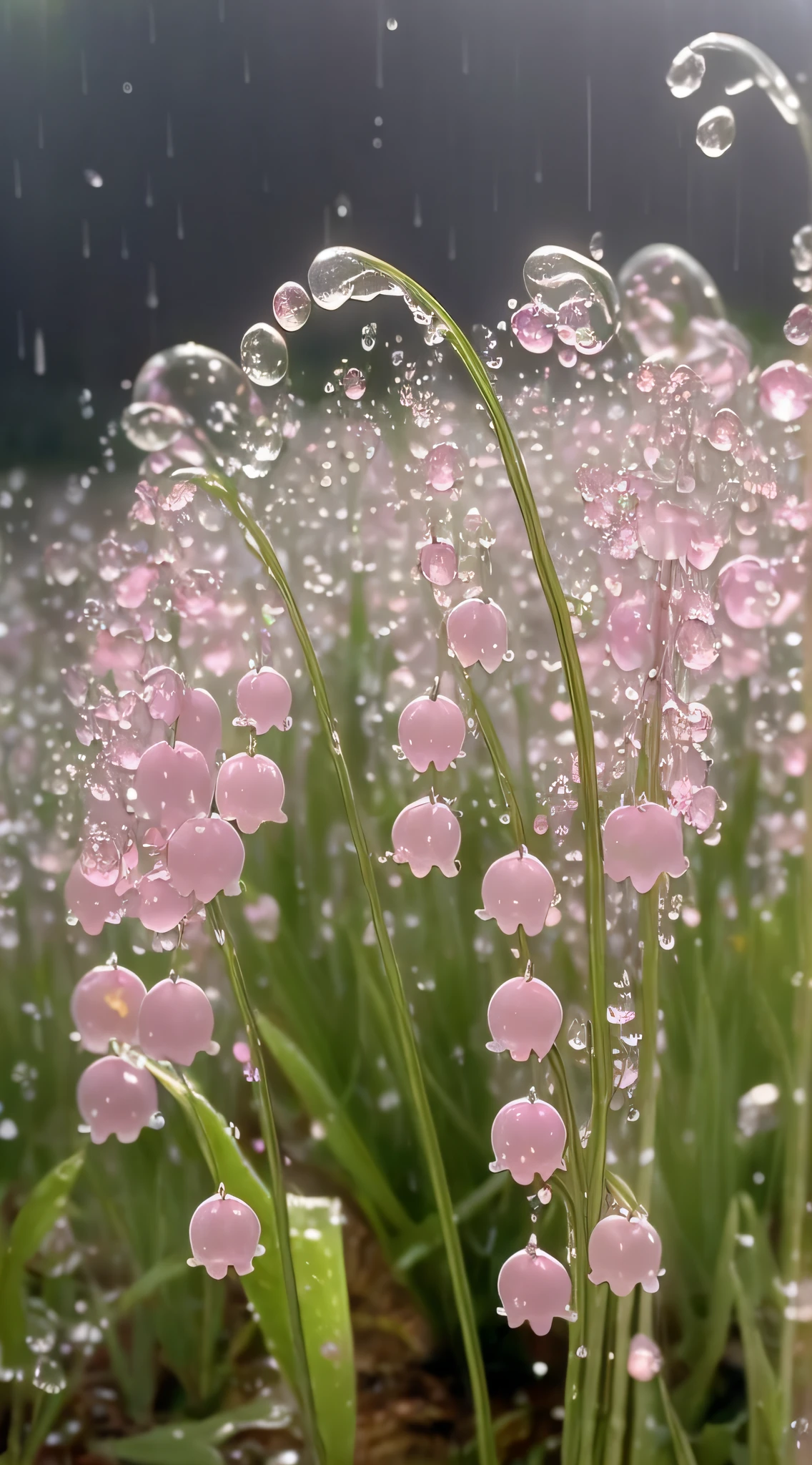 Many pink flowers grow in the grass, Summer morning dew, Dewdrops, dewdrops, droplets, detailed droplets, The drops, dripping light drops, Pink flowers, covered in water drops, flowers rain everywhere, dew, Ethereal bubbles, water droplets frozen in time, Water droplets, drizzle, summer morning light, After the rain