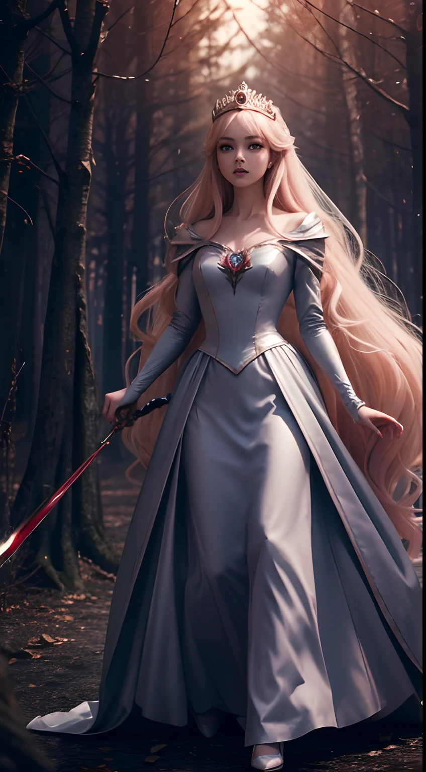 Female attacks in fictional stories、Princess Aurora、Full body、red eyes、Evil look、Realistic Digital, Humanoid、Convoluted, epicd, Dramatic, masutepiece, high detailing, Best Quality, 超A high resolution、Horror movie lighting