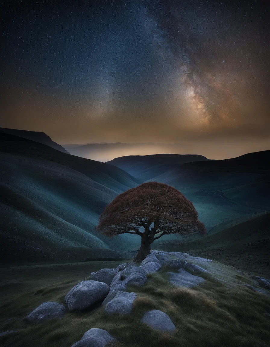 sycamore gap in the valley between mountain, night background with stars