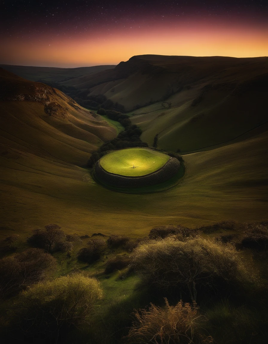 sycamore gap in the valley between mountain, night background with stars