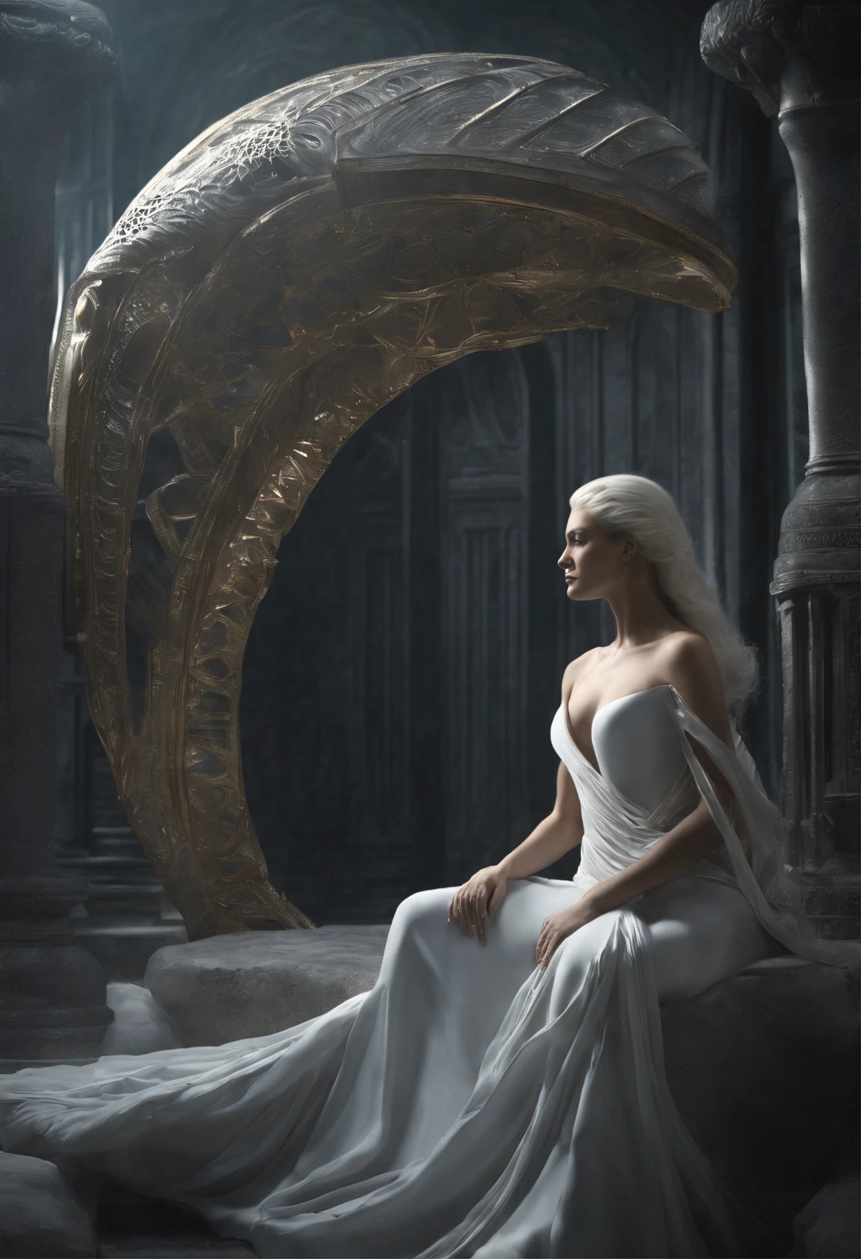 Crie uma obra de arte em 3D de uma mulher celestial usando um vestido branco com (((detalhes intrincados de pedras de safira))). A obra deve incorporar a (((best possible quality))), with an emphasis on (((detalhes extremos))) e uma (((Complex composition))). Utilize uma paleta de cores que reflita uma aura celestial, com tons suaves de azul, Ethereal white and subtle touches of gold. Make sure the composition exudes a sense of otherworldly beauty and tranquility. Inspire-se em artistas como (((H.R. Giger))), (((ZBrushCentral))) e (((Vitaly Bulgarov)))