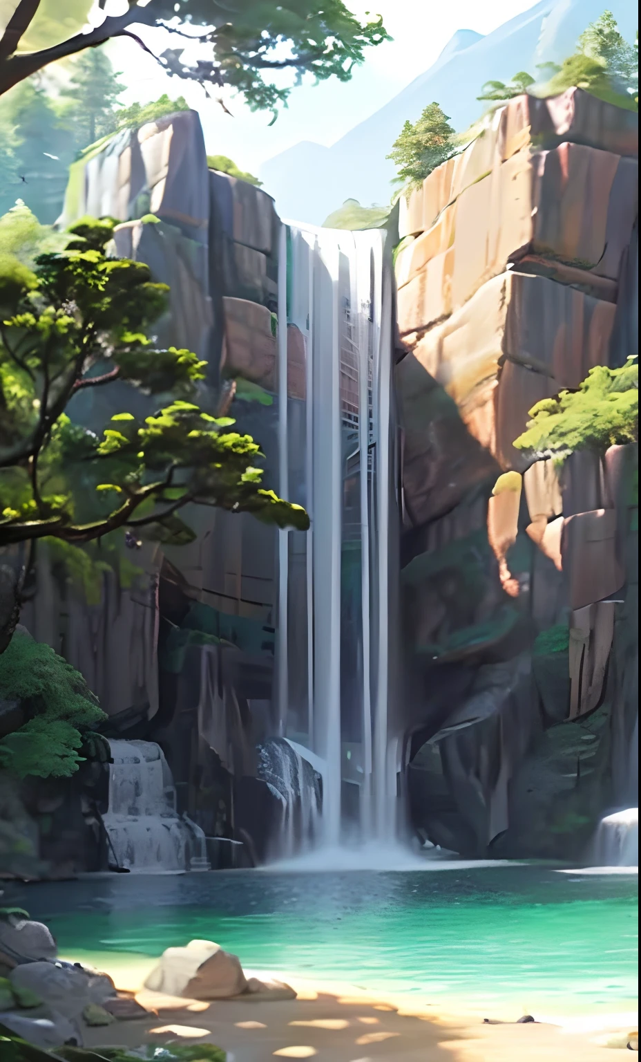 painting of a waterfall in a forest with a waterfall in the background, waterfall backdrop, zootopia concept art, disney concept art, waterfall, environment painting, background artwork, legend of korra setting, dota! matte painting concept art, dota matte painting concept art, immense waterfall, organic matte painting, waterfalls, an endless waterfall, flat matte painting