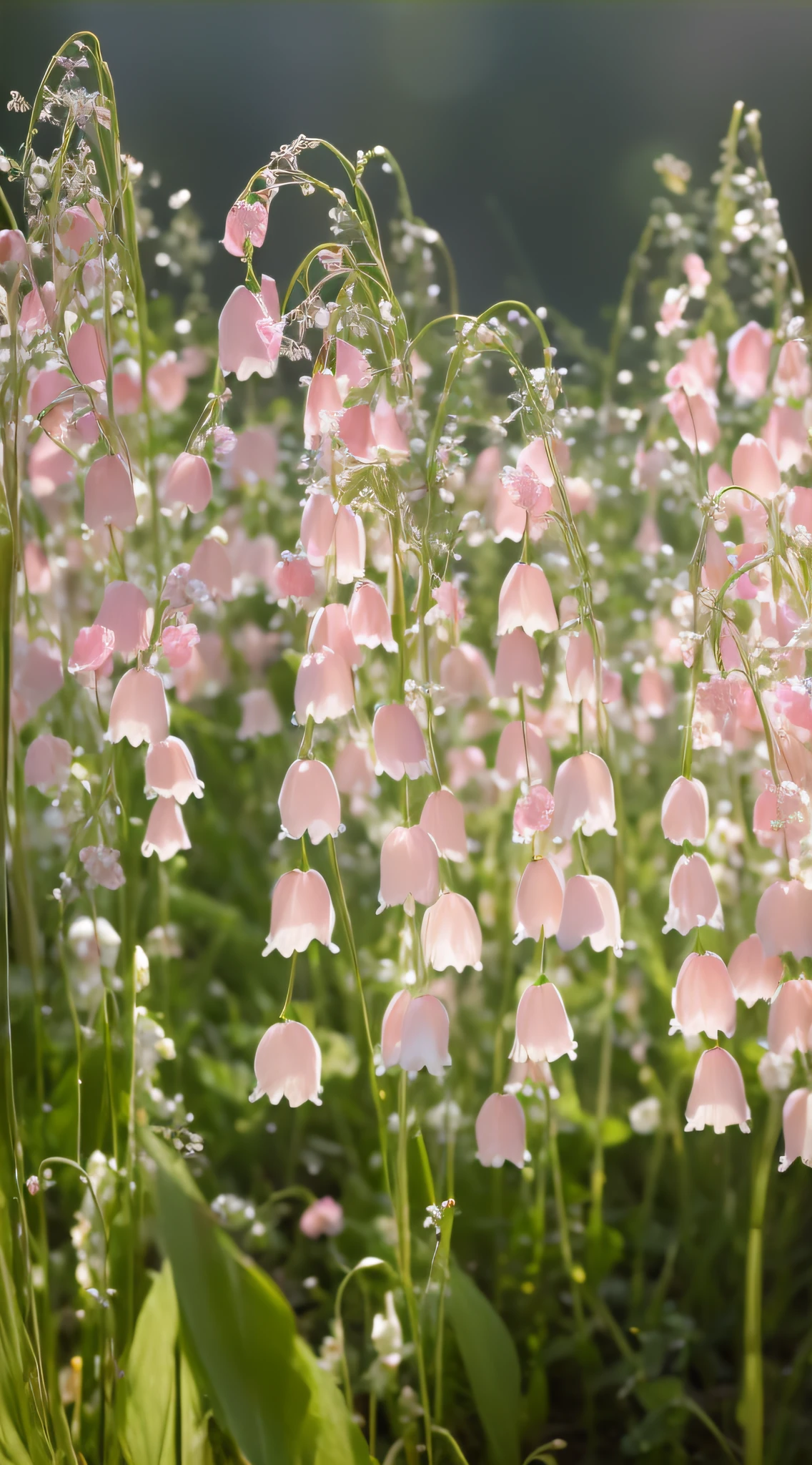 Many pink flowers grow in the grass, Pink flowers, light pink tonalities, dew, Pink, white and green, field of pink flowers, Pale pink grass, Summer, Soft - lit, gentlesoftlighting, flowers blooming, Pink big breasts, soft flowers, Summer morning dew, tufted softly, flowers with very long petals, Beautiful image, david hardy