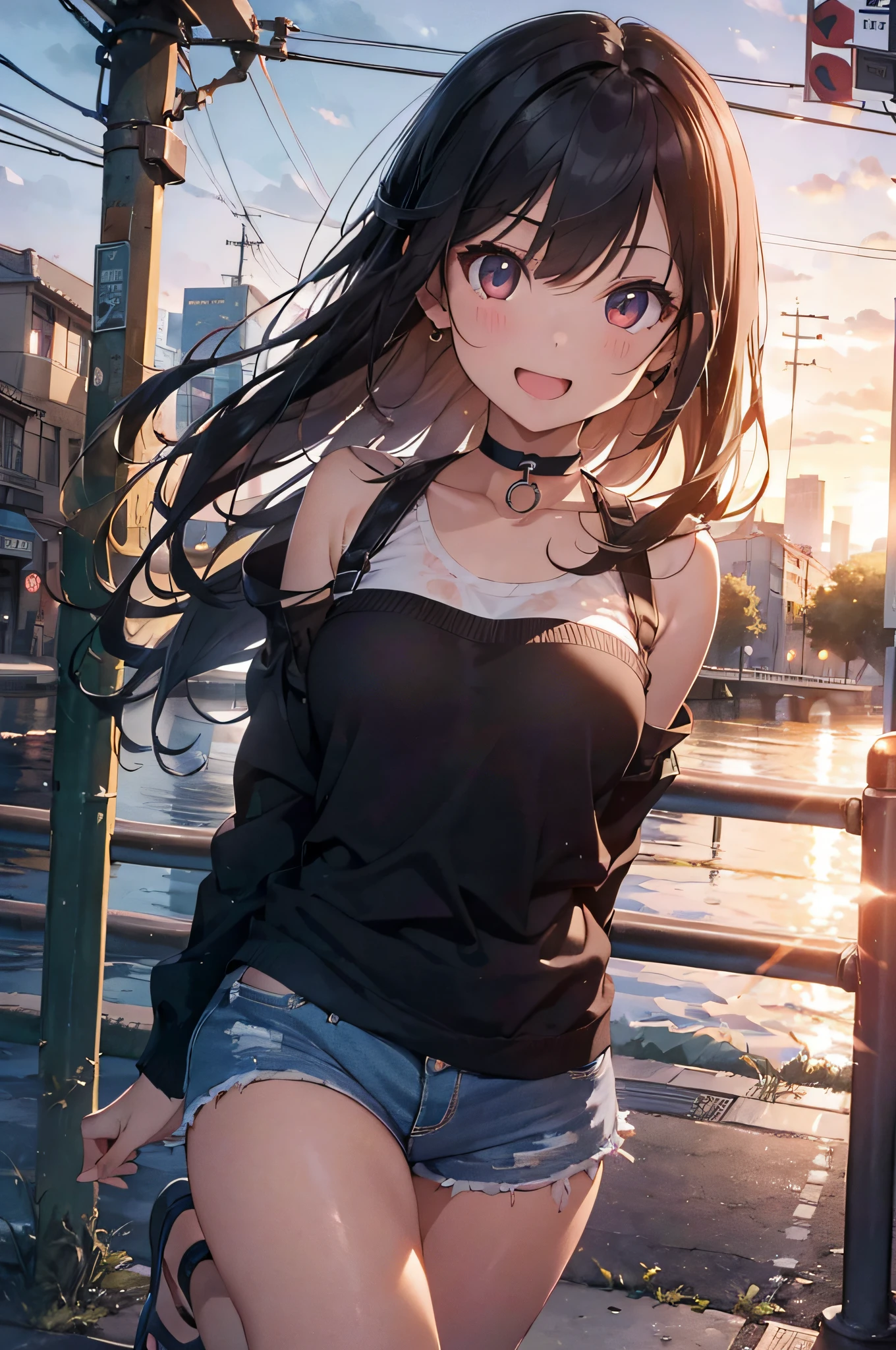 yukinoyukinoshita, yukino yukinoshita, Black Hair, blue eyes, Long Hair, Ahoge,ponytail,happy smile, smile, Open your mouth,Cold shoulder tops,Short sleeve,skinny pants,Stiletto heels,Walking,morning,morning陽,The sun is rising,whole bodyがイラストに入るように,Looking down from above,
break outdoors, In town,Building district,
break looking at viewer, whole body,
break (masterpiece:1.2), highest quality, High resolution, unity 8k wallpaper, (figure:0.8), (Beautiful fine details:1.6), Highly detailed face, Perfect lighting, Highly detailed CG, (Perfect hands, Perfect Anatomy),