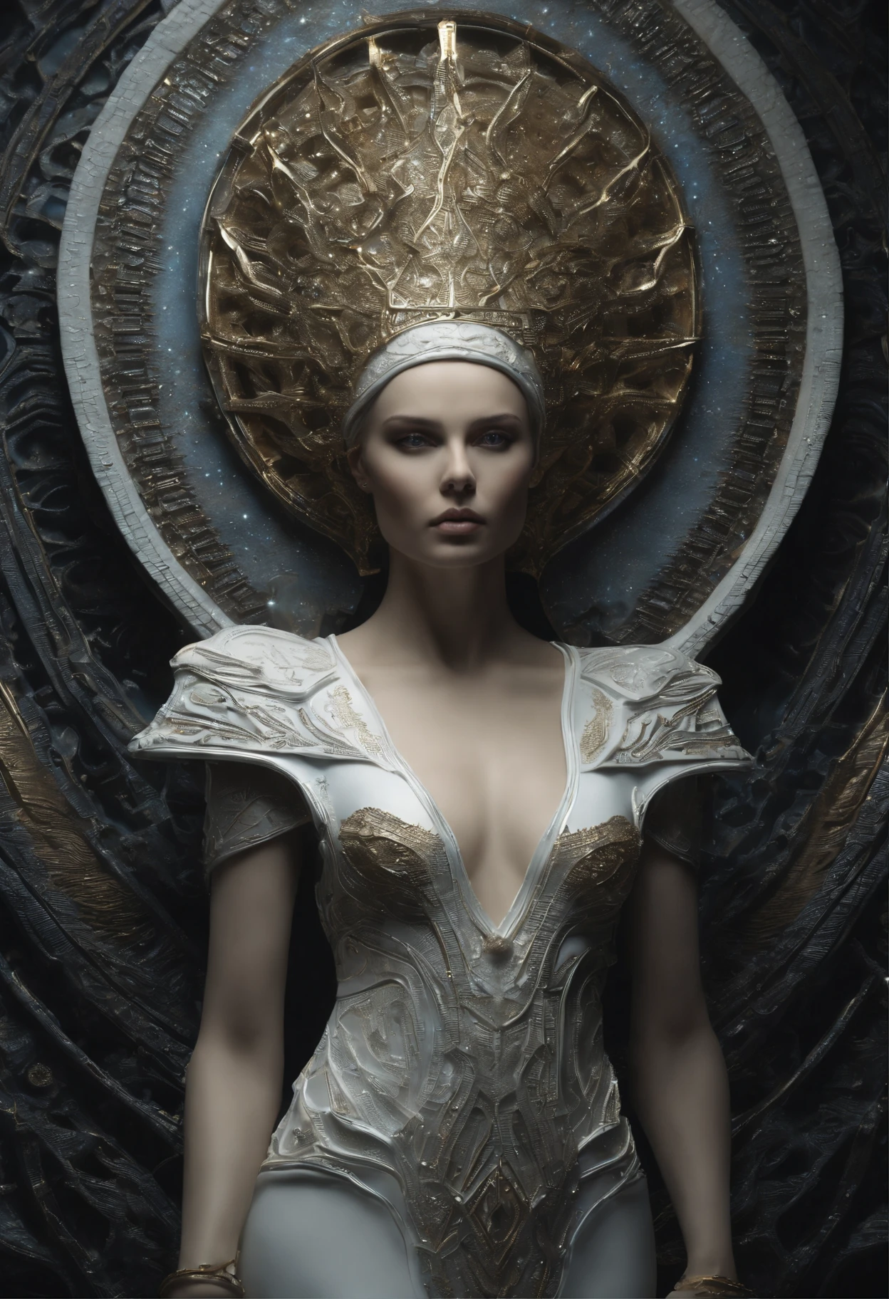 Crie uma obra de arte em 3D de uma mulher celestial usando um vestido branco com (((detalhes intrincados de pedras de safira))). A obra deve incorporar a (((best possible quality))), with an emphasis on (((detalhes extremos))) e uma (((Complex composition))). Utilize uma paleta de cores que reflita uma aura celestial, com tons suaves de azul, Ethereal white and subtle touches of gold. Make sure the composition exudes a sense of otherworldly beauty and tranquility. Inspire-se em artistas como (((H.R. Giger))), (((ZBrushCentral))) e (((Vitaly Bulgarov)))