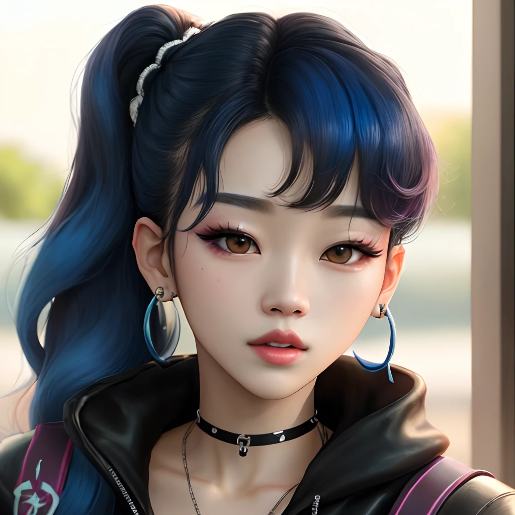 Jisoo do BlackPink com cabelo preto e azul estilo rockeira tatuada com piercing no nariz