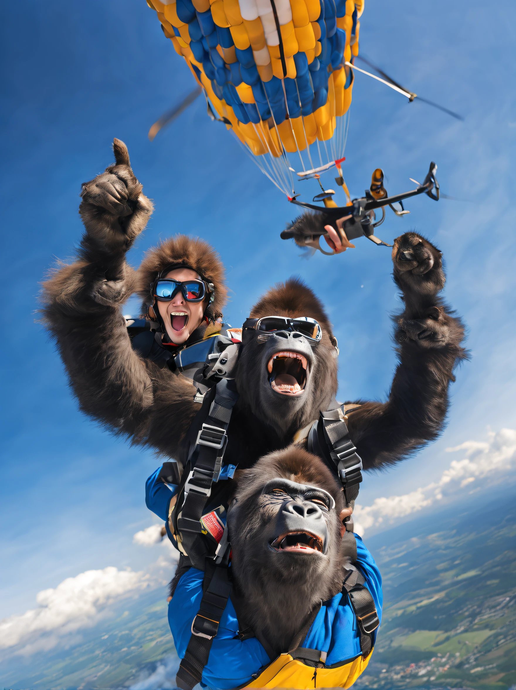 skydiving、gorilla2bolt、The gorilla is the main character、Tiere、Color goggles、helicopter、The blue sky is beautiful、、selfee、An ultra-high picture quality、Screaming、Superb view、sun is shining、huge smile、A hyper-realistic、Lunette de soleil、An ultra-high picture quality、selfee、Shooting with in-camera