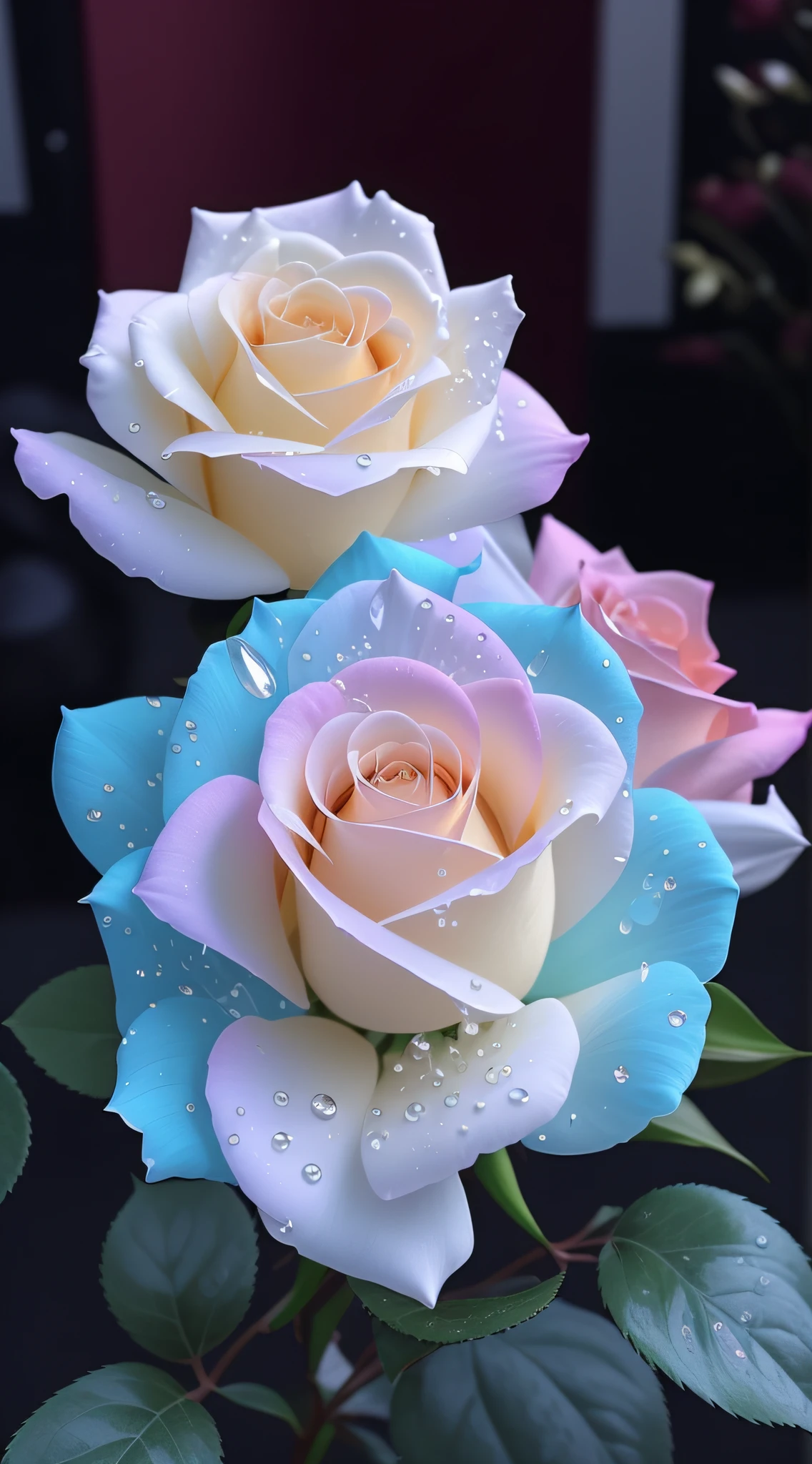 There are two white roses，There are water droplets on it, pastel roses, translucent roses ornate, Glowing flowers, magical colorful flowers, Magical flowers, Luminous flowers, beautiful iphone wallpaper, roses in cinematic light, rosette, melanchonic rose soft light, rosses, beautiful  flowers, Beautiful flowers, colored flowers, detailed flowers, beautiful hd, Beautiful wallpaper, colorful hd picure