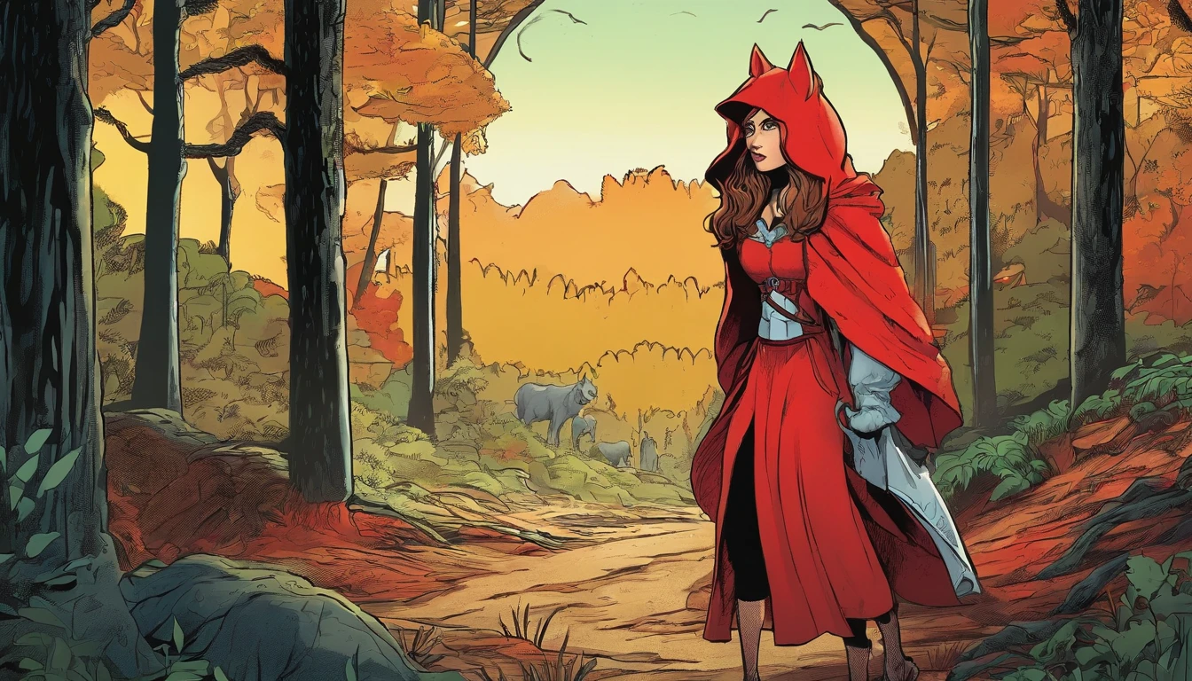 the scene contains a werewolf behind a tree, Ana de Armas dressed as little red riding hood walking, forest in the background, color image