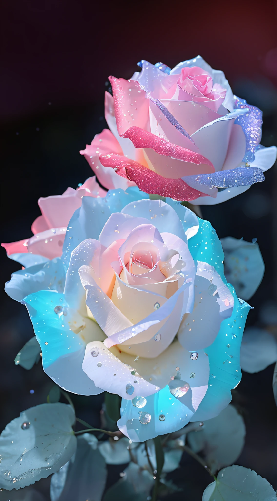 There are two roses in the darkness，There are water droplets on it, magical colorful flowers, pastel roses, Glowing flowers, Magical flowers, blue and pink, translucent roses ornate, colored flowers, Luminous flowers, rosses, beautiful colorful, pink and blue color, colorful hd picure, beautiful iphone wallpaper, rosette, roses in cinematic light, Beautiful flowers, pretty colors
