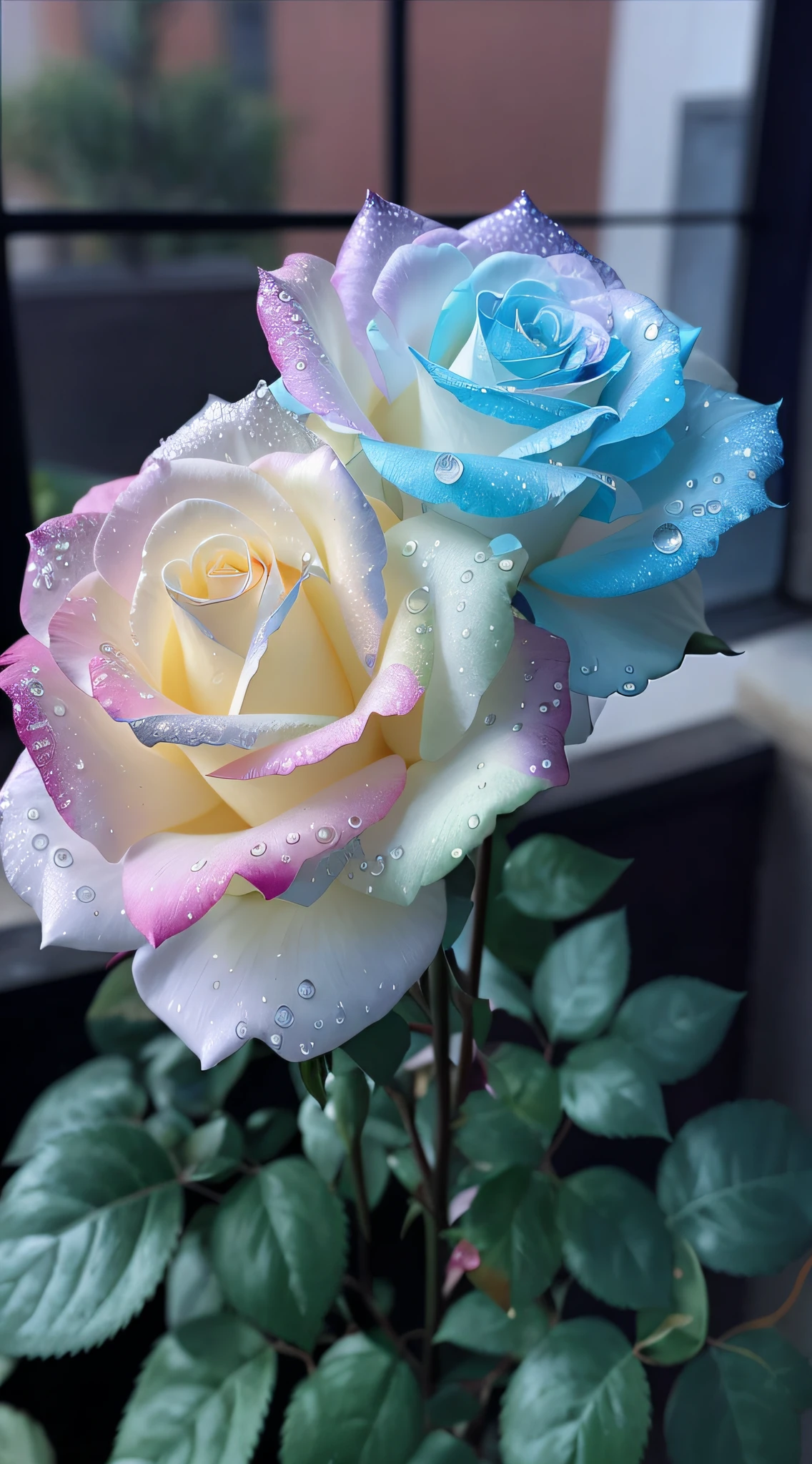 There is a rose in the pot,There are water droplets on it, pastel roses, rosette, melanchonic rose soft light, Magical flowers, decorative roses, Incredibly realistic, rainbow gradient bloom, colored flowers, rosses, magical colorful flowers, very realistic looking, roses in cinematic light, translucent roses ornate, Ultra photo realsisim!!!, Roses made of colorful smoke, Blue rose