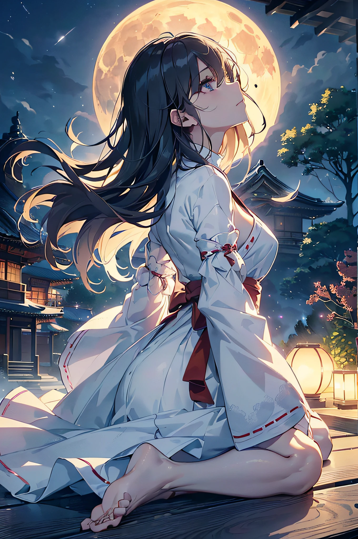 (Official art、Best Quality、Unity 8k Wallpapers、32K、masterpiece、ultra-detailliert、超A high resolution、realisitic、Photorealsitic:1.2)、(Cinematic lighting:1.2)、Fireglow effect、film grains、Best Shadows、Rim lighting、side lights、(Ultra-detailed and complex 3D rendering)、Detailed beautiful face and eyes、A slender、Medium bust、(Full body:1.2)、(sideshot、Looking up at the moon、Looking away:1.2)、(Mystical、moonlights)、Highly detailed background、beauitful face、blurry backround、a beauty girl、(super detailed skin、detailed skin textures:1.3)、Japan garden、cowboy shot、Sit on the porch、One full moon in the sky、Moon、dumpling、
