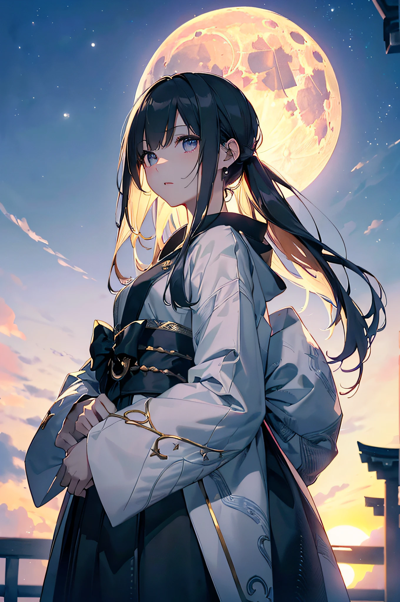 (Official art、Best Quality、Unity 8k Wallpapers、32K、masterpiece、ultra-detailliert、超A high resolution、realisitic、Photorealsitic:1.2)、(Cinematic lighting:1.2)、Fireglow effect、film grains、Best Shadows、Rim lighting、side lights、(Ultra-detailed and complex 3D rendering)、Detailed beautiful face and eyes、A slender、Medium bust、(Full body:1.2)、(sideshot、Looking up at the moon、Looking away:1.2)、(Mystical、moonlights)、Highly detailed background、beauitful face、blurry backround、a beauty girl、(super detailed skin、detailed skin textures:1.3)、Japan garden、cowboy shot、Sit on the porch、One full moon in the sky、Moon、dumpling、