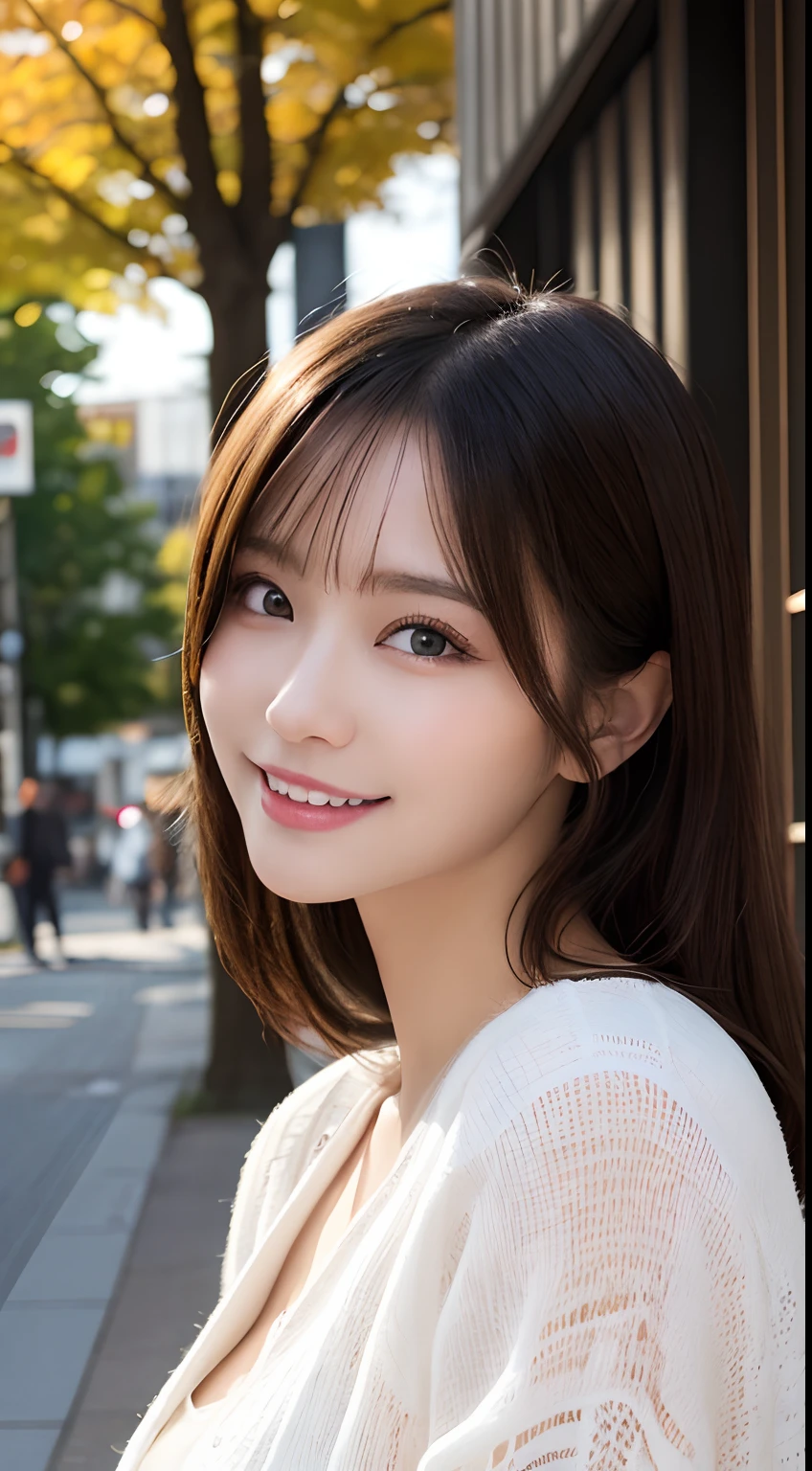 masutepiece, Best Quality, Illustration, Ultra-detailed, finely detail, hight resolution, 8K Wallpaper, Perfect dynamic composition, Beautiful detailed eyes, Women's Fashion Autumn,Straight hair,small tits,Natural Color Lip, Bold sexy poses,Smile,Harajuku、20 years girl、Cute、Sexy shot looking at camera