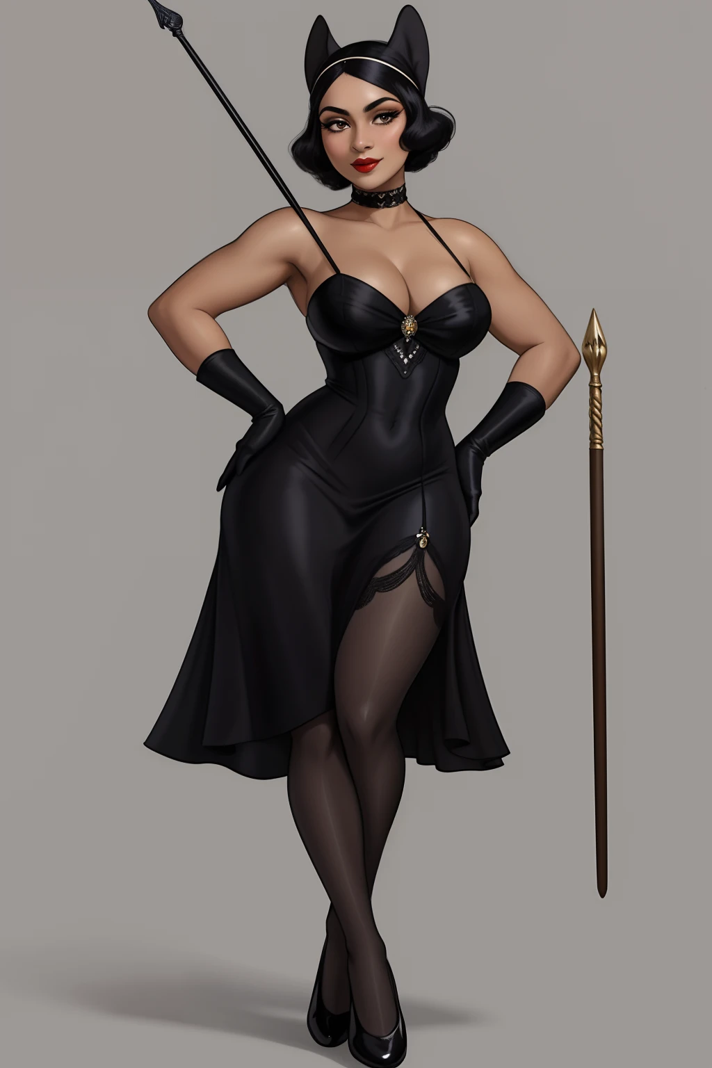Mulher negra, mulata, morena, of Araffe in a flappper suit holding a wand and wearing a headband, melindrosa, Anos 20, fantasia, Traje de alta qualidade, rugindo vinte anos, 1920s vibes, 1 9 2 0 s estilo pano, Era do Jazz, saia preta curta, 1 9 2 0 s estilo, Estilo dos anos 1920